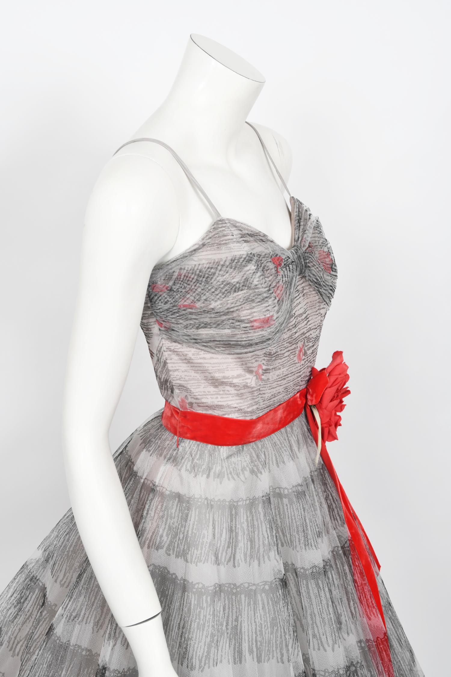 Vintage 1950's Emma Domb Red Roses Illusion Print Tulle Full-Skirt Party Dress For Sale 6