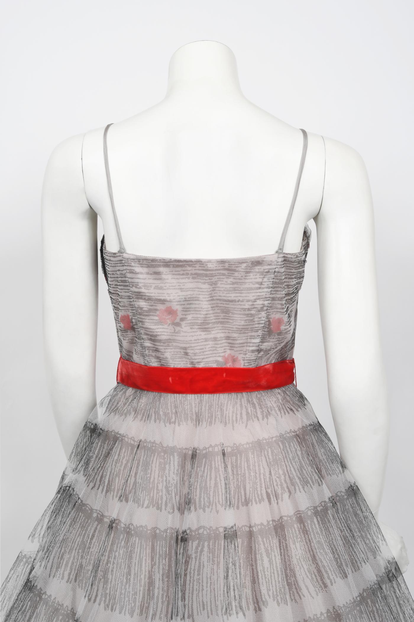 Vintage 1950's Emma Domb Red Roses Illusion Print Tulle Full-Skirt Party Dress en vente 8
