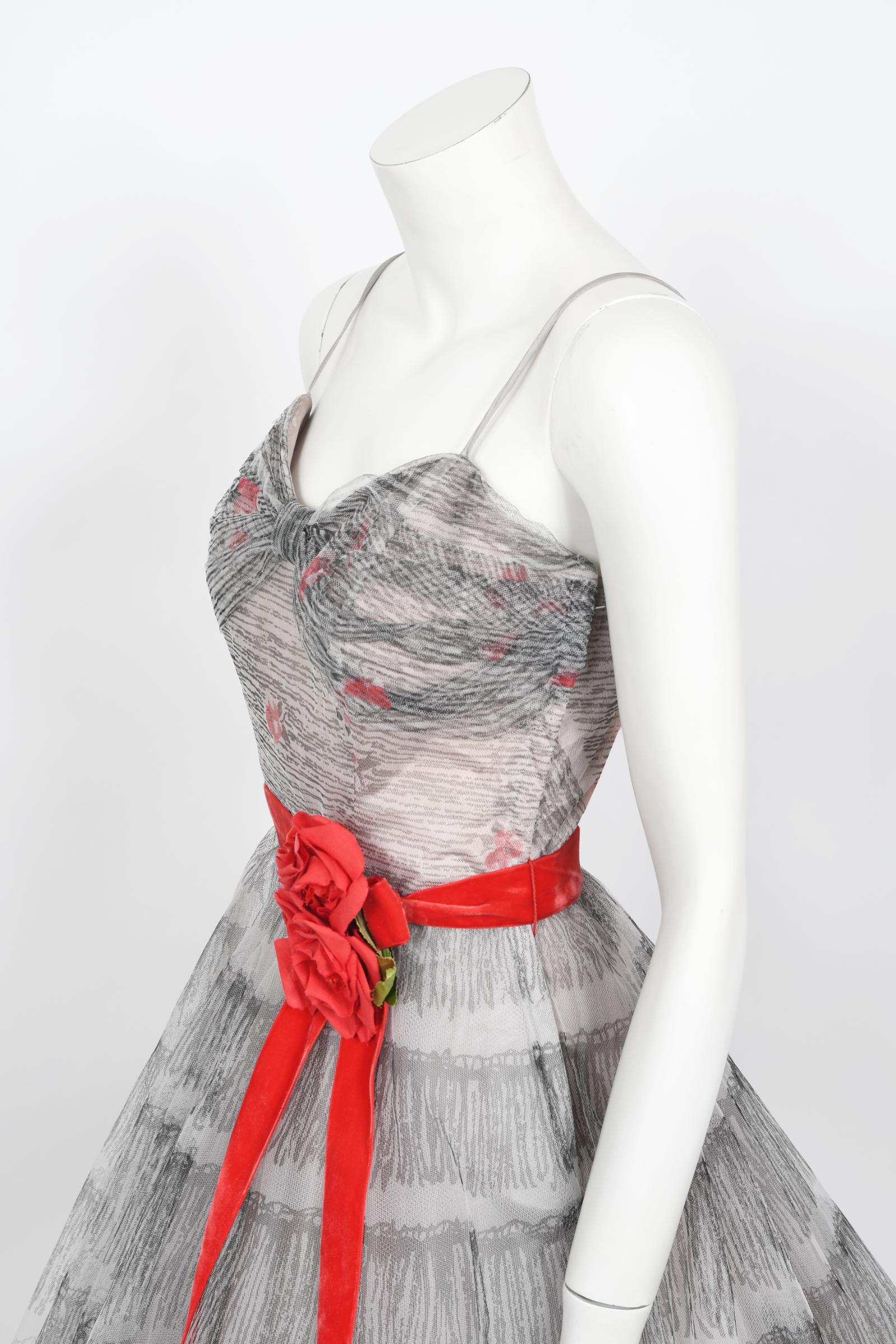 Vintage 1950's Emma Domb Red Roses Illusion Print Tulle Full-Skirt Party Dress For Sale 1