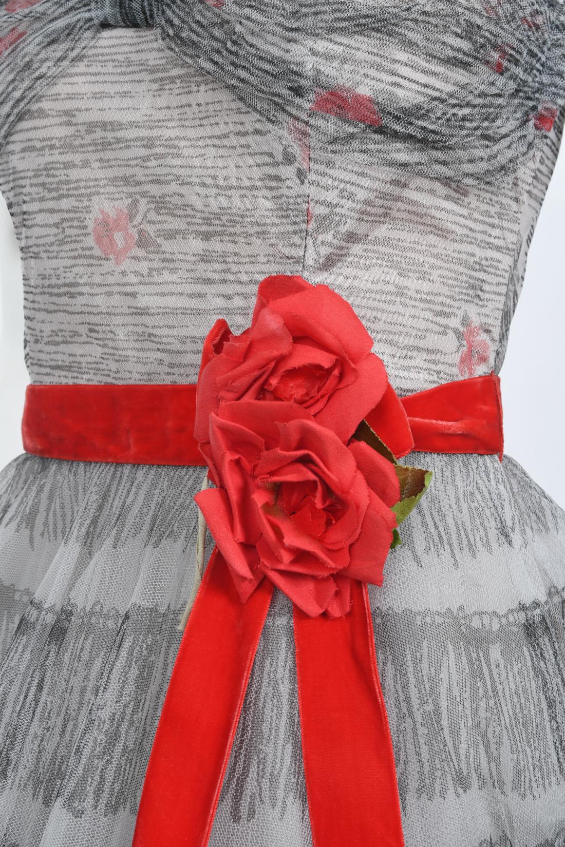 Vintage 1950's Emma Domb Red Roses Illusion Print Tulle Full-Skirt Party Dress en vente 2