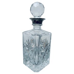 Vintage 1950s English Cut Glass Whiskey Decanter with a Silver-Plate Collar