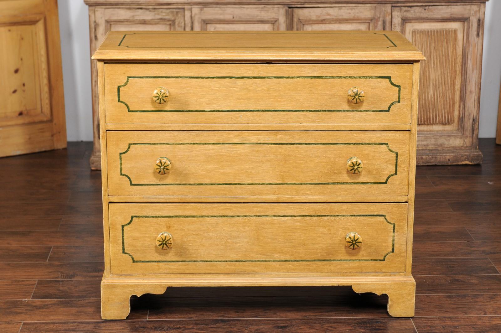 Vintage 1950s English Painted Three-Drawer Commode with Yellow Painted Finish 1