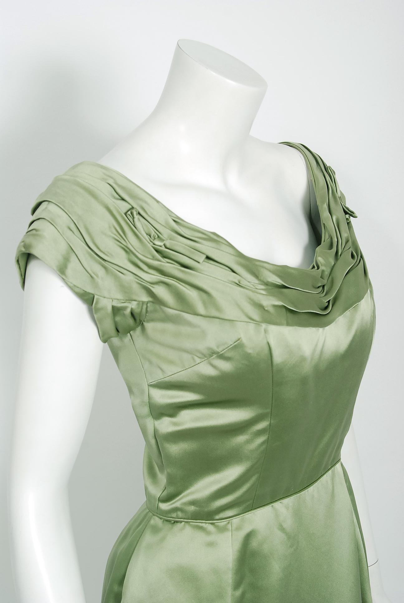 Gray Vintage 1950's Evelyn Brown Couture Sage Green Silk-Satin Ruched Cocktail Dress For Sale