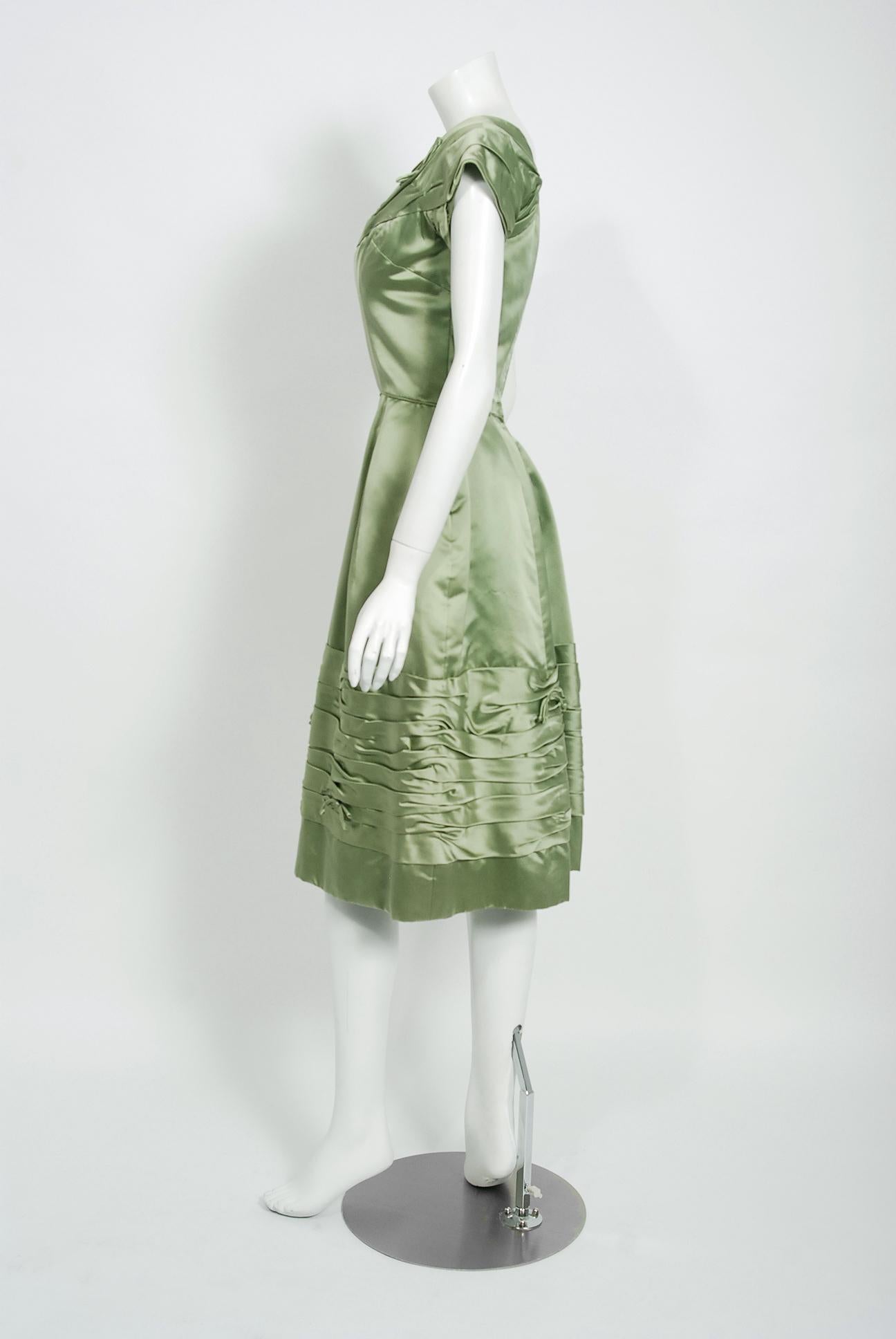 Women's Vintage 1950's Evelyn Brown Couture Sage Green Silk-Satin Ruched Cocktail Dress For Sale