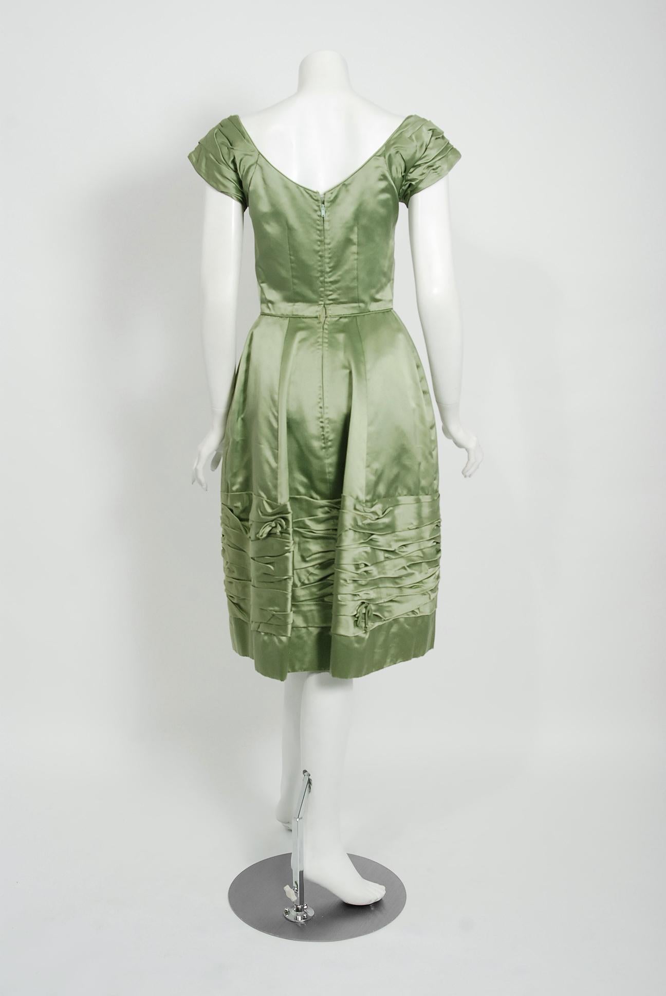 Vintage 1950's Evelyn Brown Couture Sage Green Silk-Satin Ruched Cocktail Dress For Sale 1