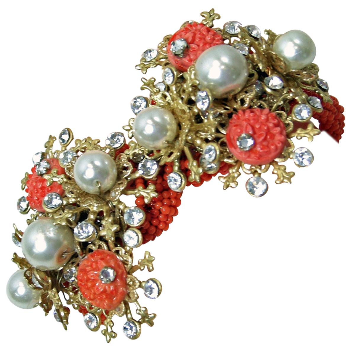 Vintage 1950s Faux Coral, Pearls & Crystals Clamper Bracelet For Sale