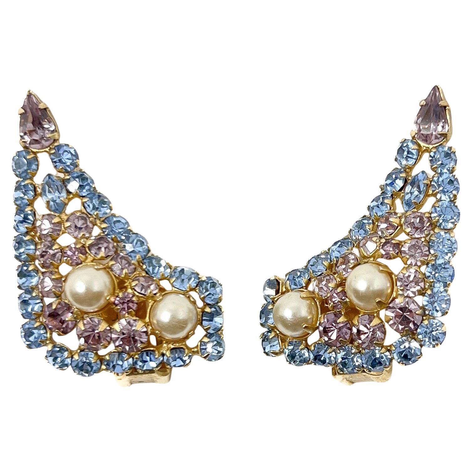 Vintage 1950s Faux Pearl and Rhinestone Triangular Climbing Earrings For Sale