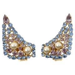 Vintage 1950s Faux Pearl and Rhinestone Triangular Climbing Earrings