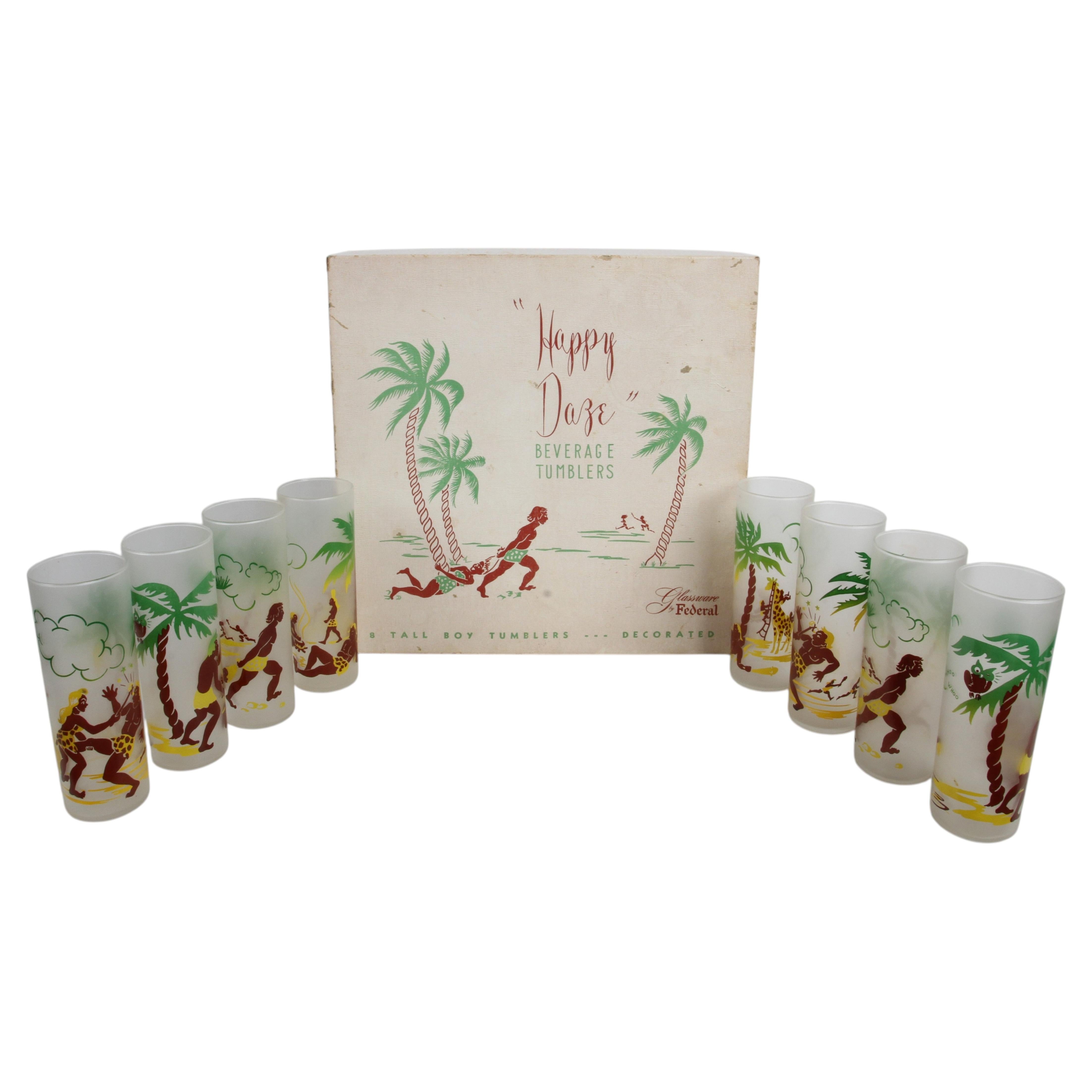 Vintage 1950s Federal Glass "Happy Daze" Frosted Tumbler Set with Original Box For Sale