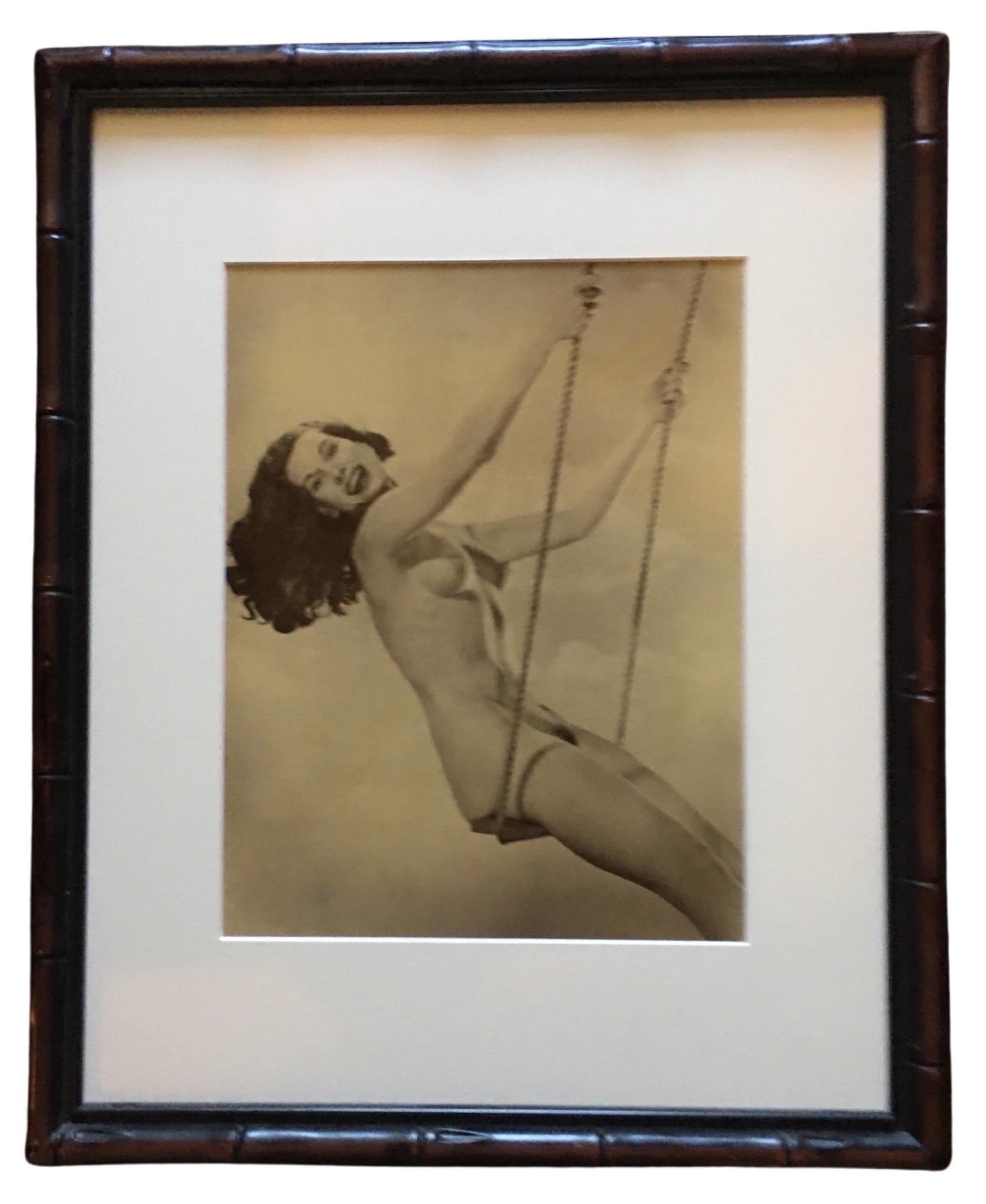 Mid-Century Modern Vintage 1950s Female “Nude on Swing” Hand Toned Green Original Photograph Framed For Sale