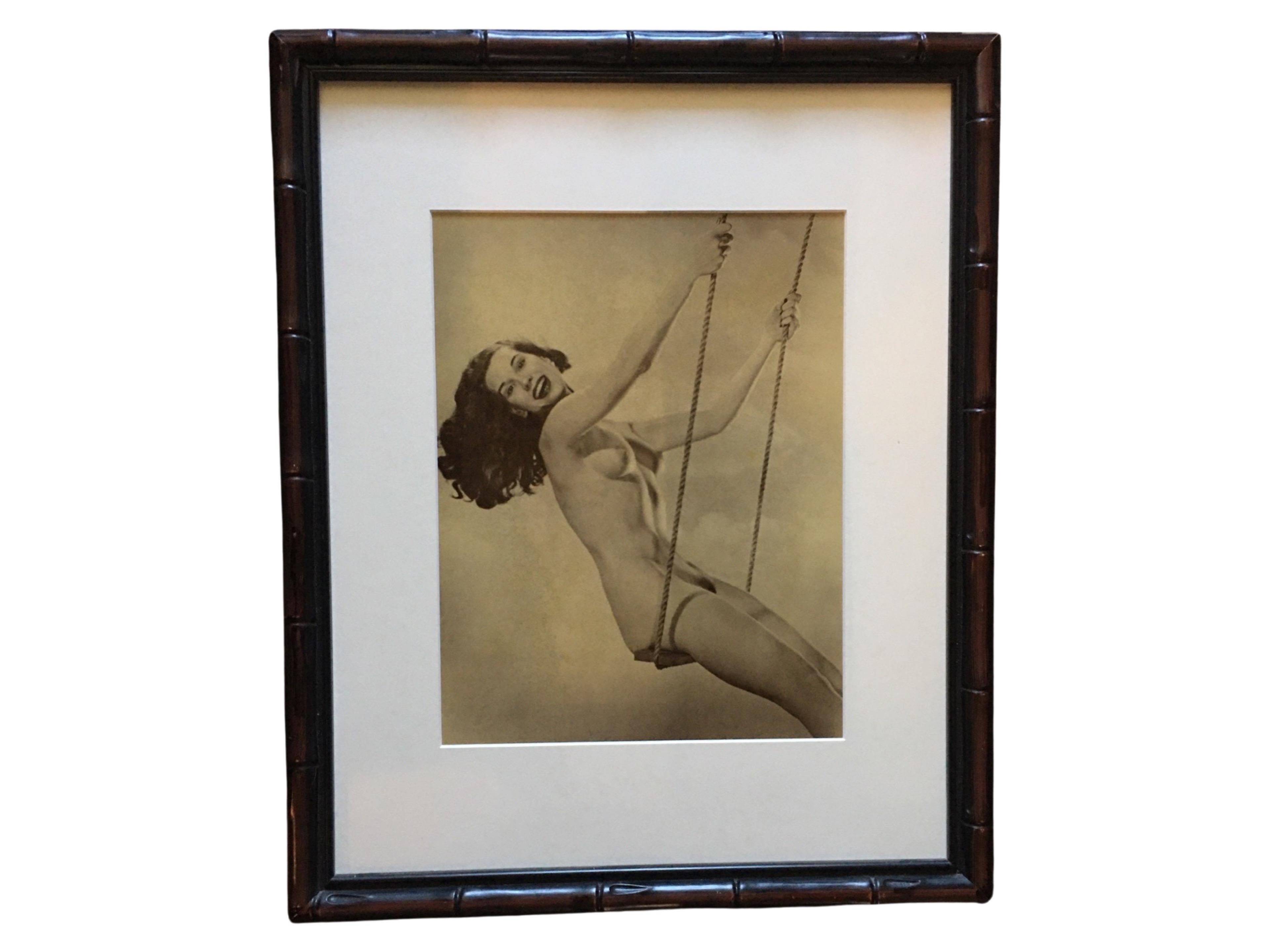 American Vintage 1950s Female “Nude on Swing” Hand Toned Green Original Photograph Framed For Sale