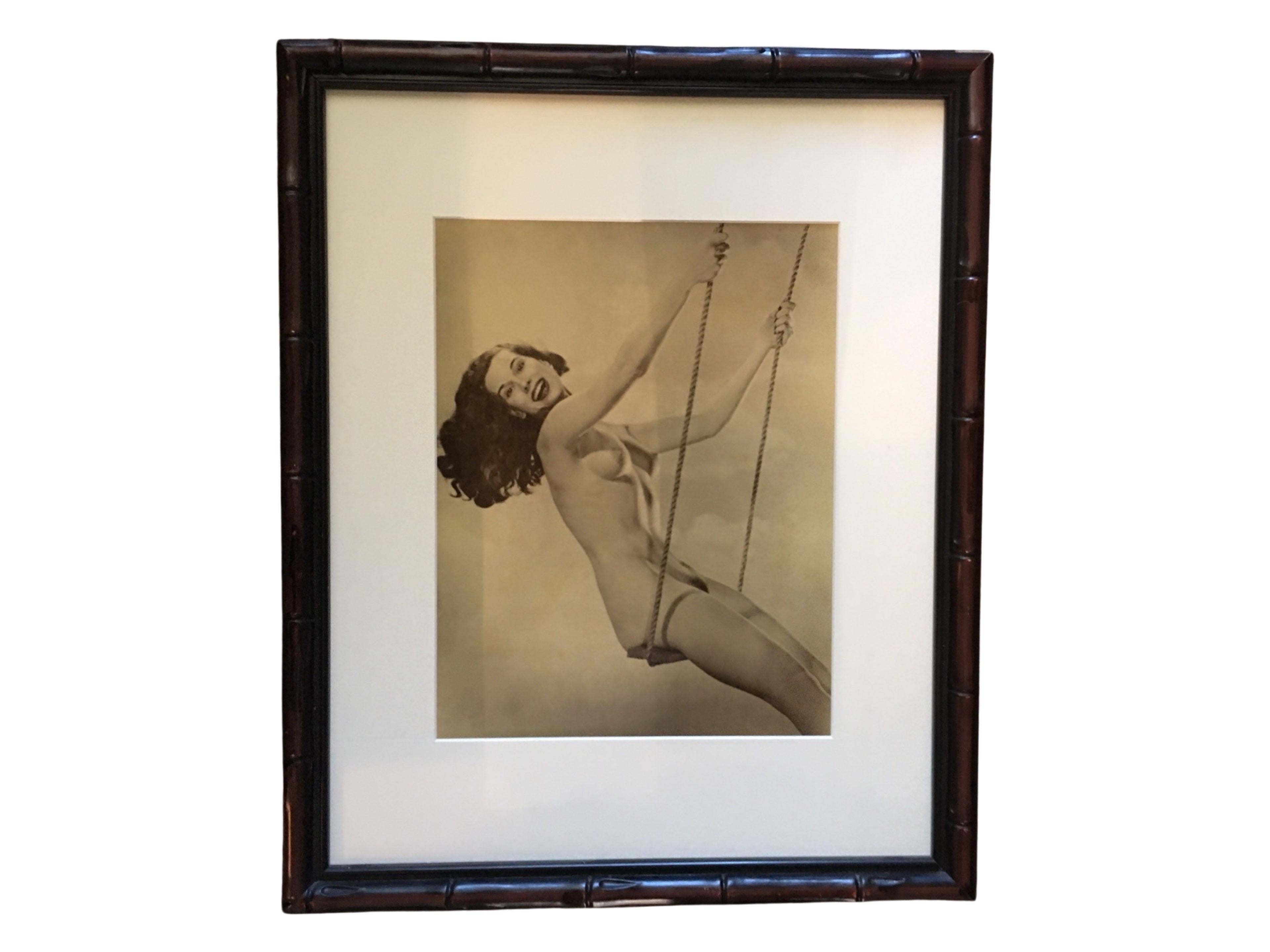 Hand-Crafted Vintage 1950s Female “Nude on Swing” Hand Toned Green Original Photograph Framed For Sale