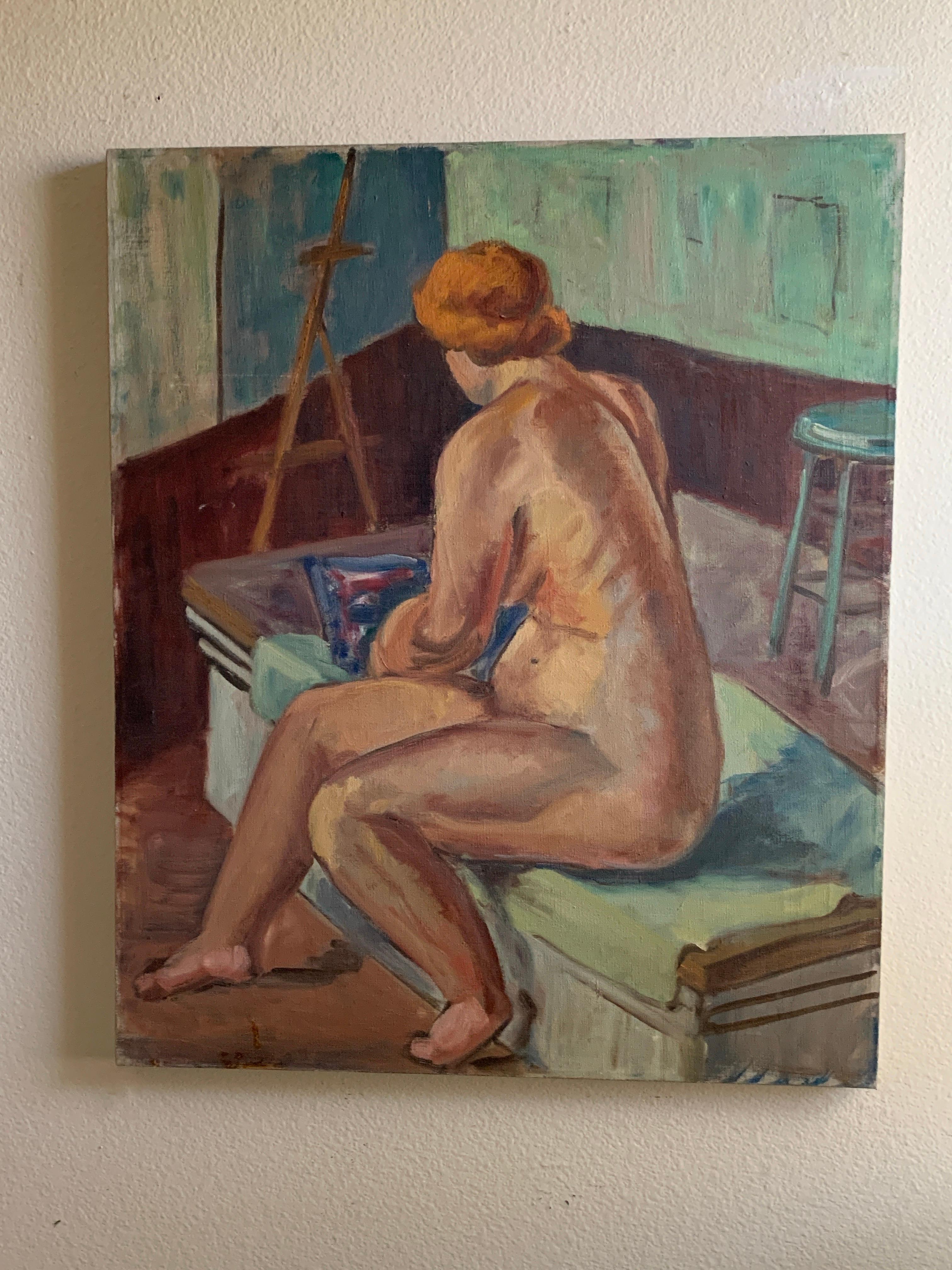 Vintage 1950s Weiblicher Akt Studie Originalgemälde (Leinwand) im Angebot