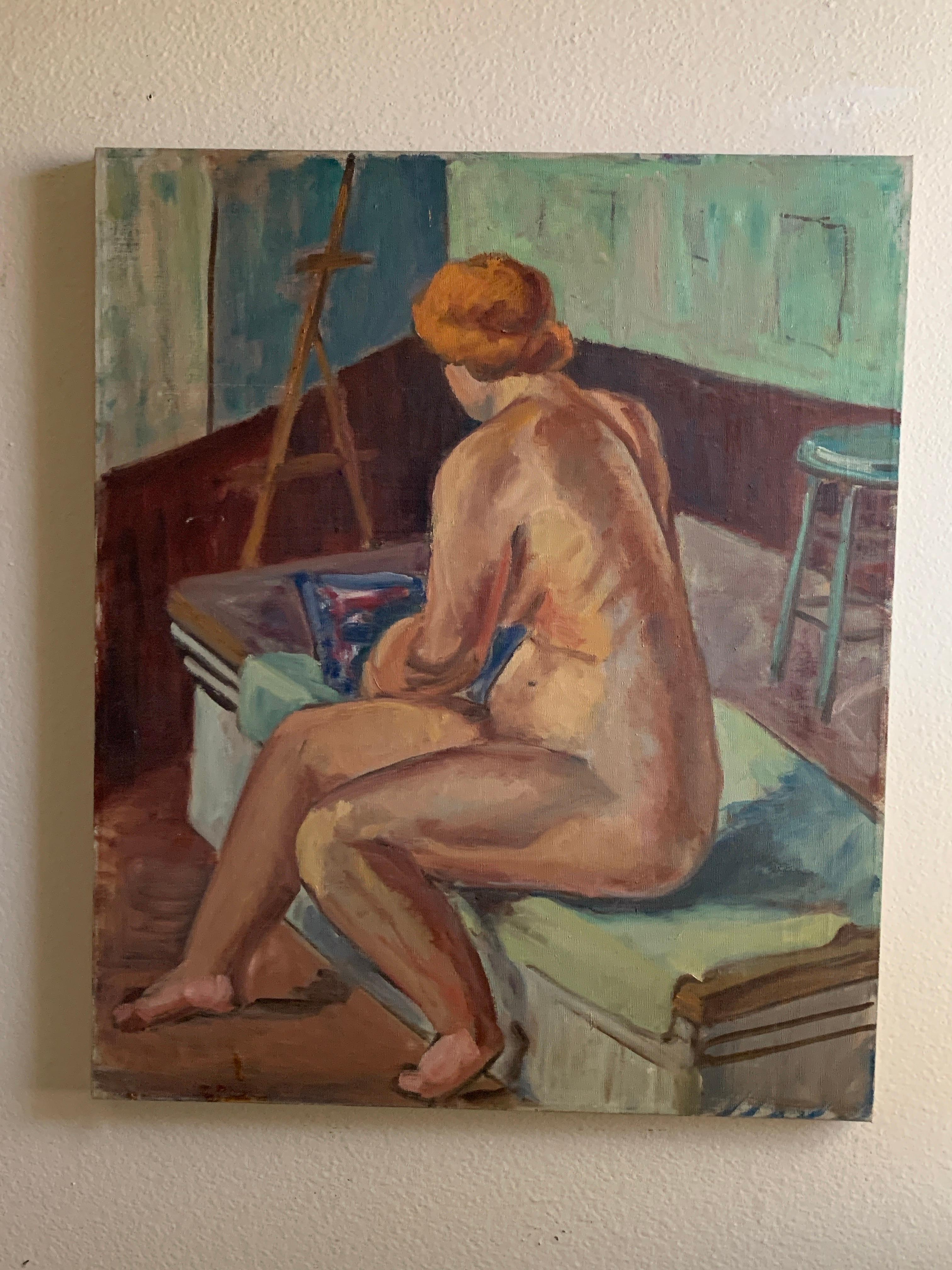 Vintage 1950s Weiblicher Akt Studie Originalgemälde im Angebot 1