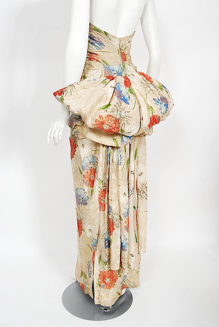 Vintage 1950's Fercioni Couture Metallic Floral Lamé Strapless Hourglass Gown For Sale 6