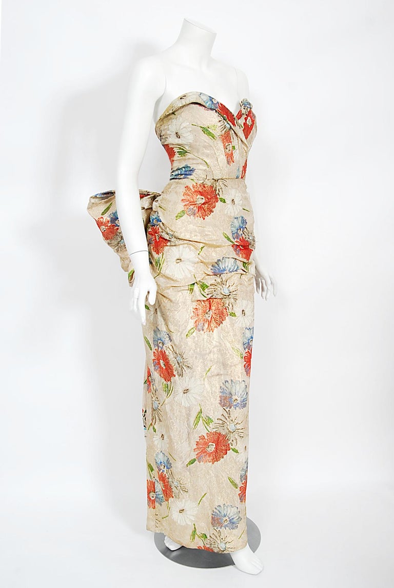 Women's Vintage 1950's Fercioni Couture Metallic Floral Lamé Strapless Hourglass Gown For Sale