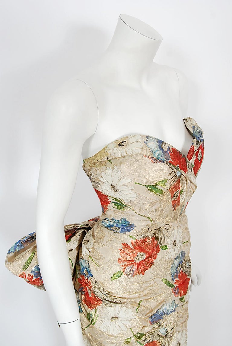 Vintage 1950's Fercioni Couture Metallic Floral Lamé Strapless Hourglass Gown For Sale 1