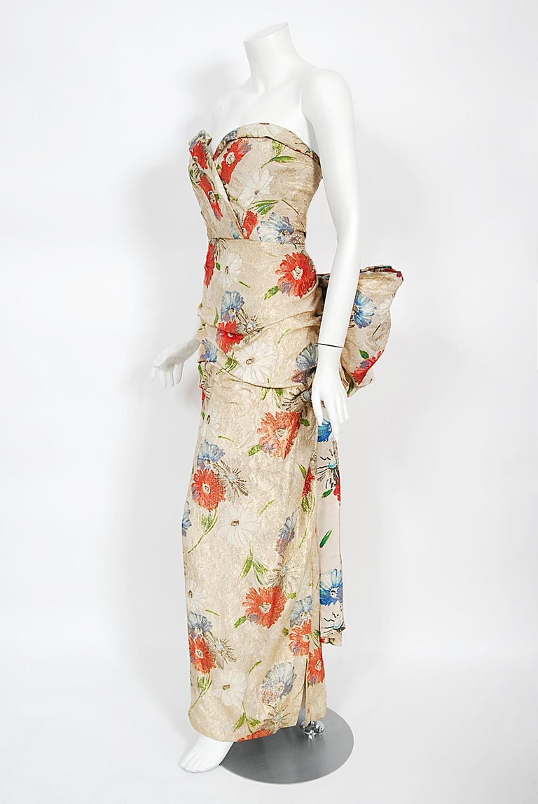 Vintage 1950's Fercioni Couture Metallic Floral Lamé Strapless Hourglass Gown For Sale 2