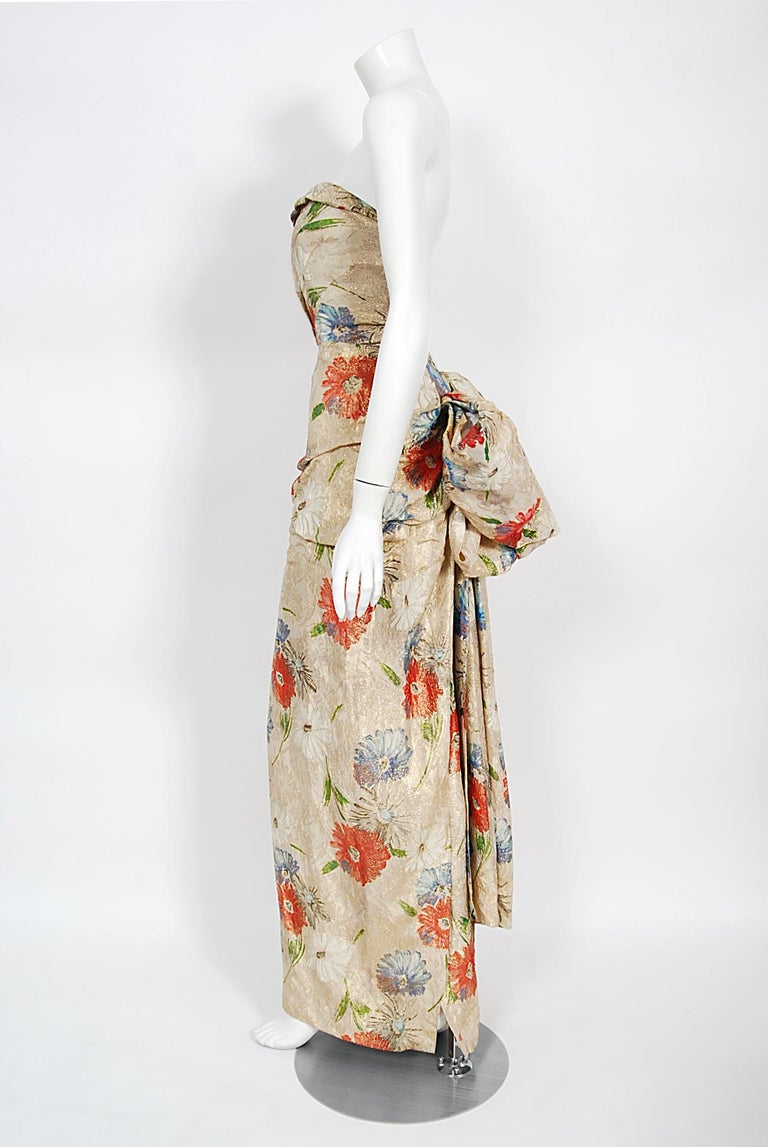 Vintage 1950's Fercioni Couture Metallic Floral Lamé Strapless Hourglass Gown For Sale 5