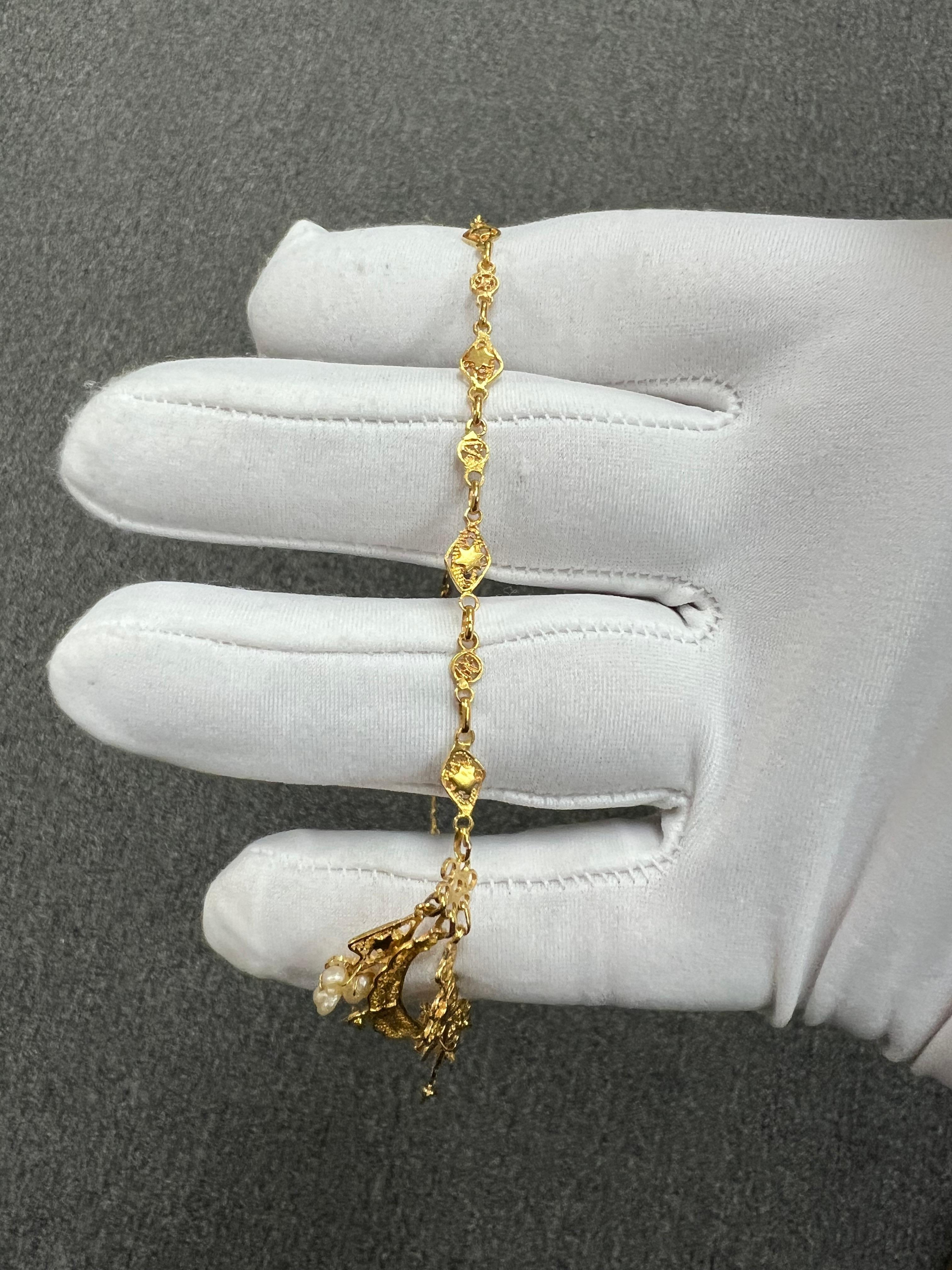 Vintage 1950s Filigree Fringe 18k Yellow Gold Pearl Necklace en vente 4