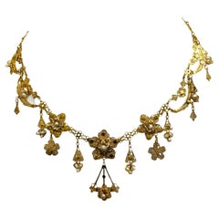 Vintage 1950s Filigree Fringe 18k Yellow Gold Pearl Necklace