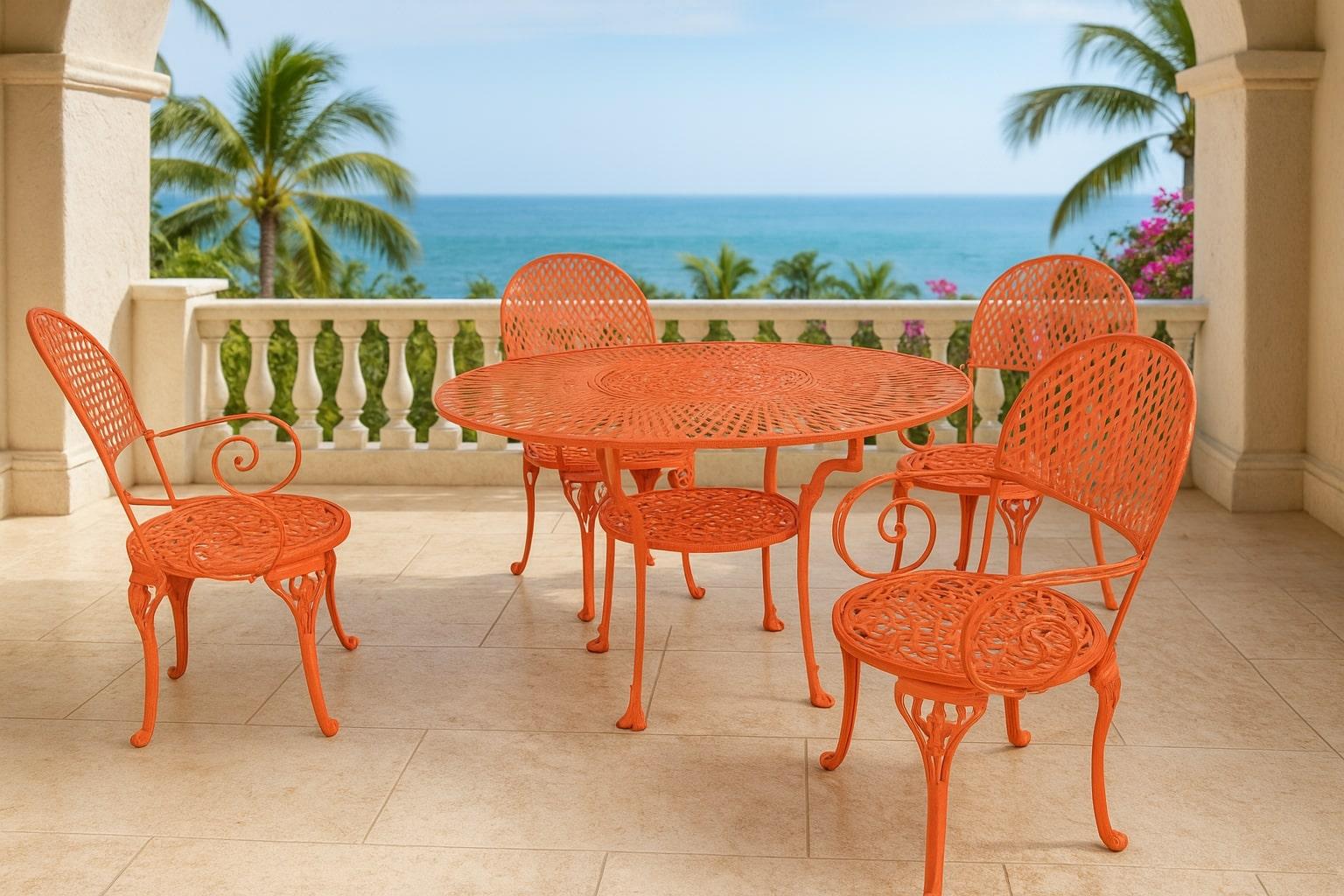 Transport your outdoor space to a golden era of tropical elegance with this custom-made 1950s wrought iron patio set, a true masterpiece of mid-century design. This vibrant and whimsical five-piece set is both a conversation starter and a work of