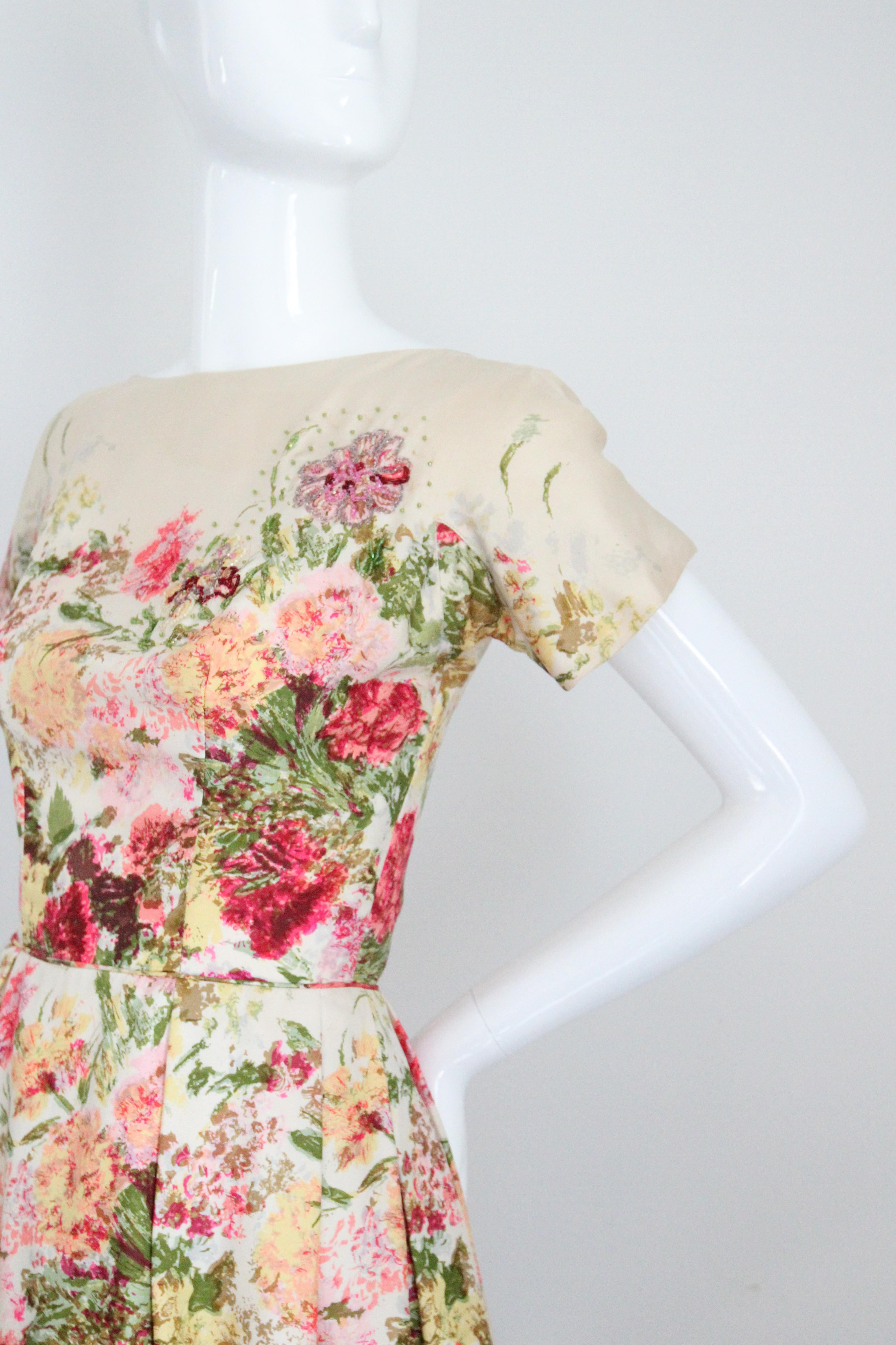 Vintage 1950's Floral bateau neckline silk twill dress autumnal Kappi UK 6 US 2 5