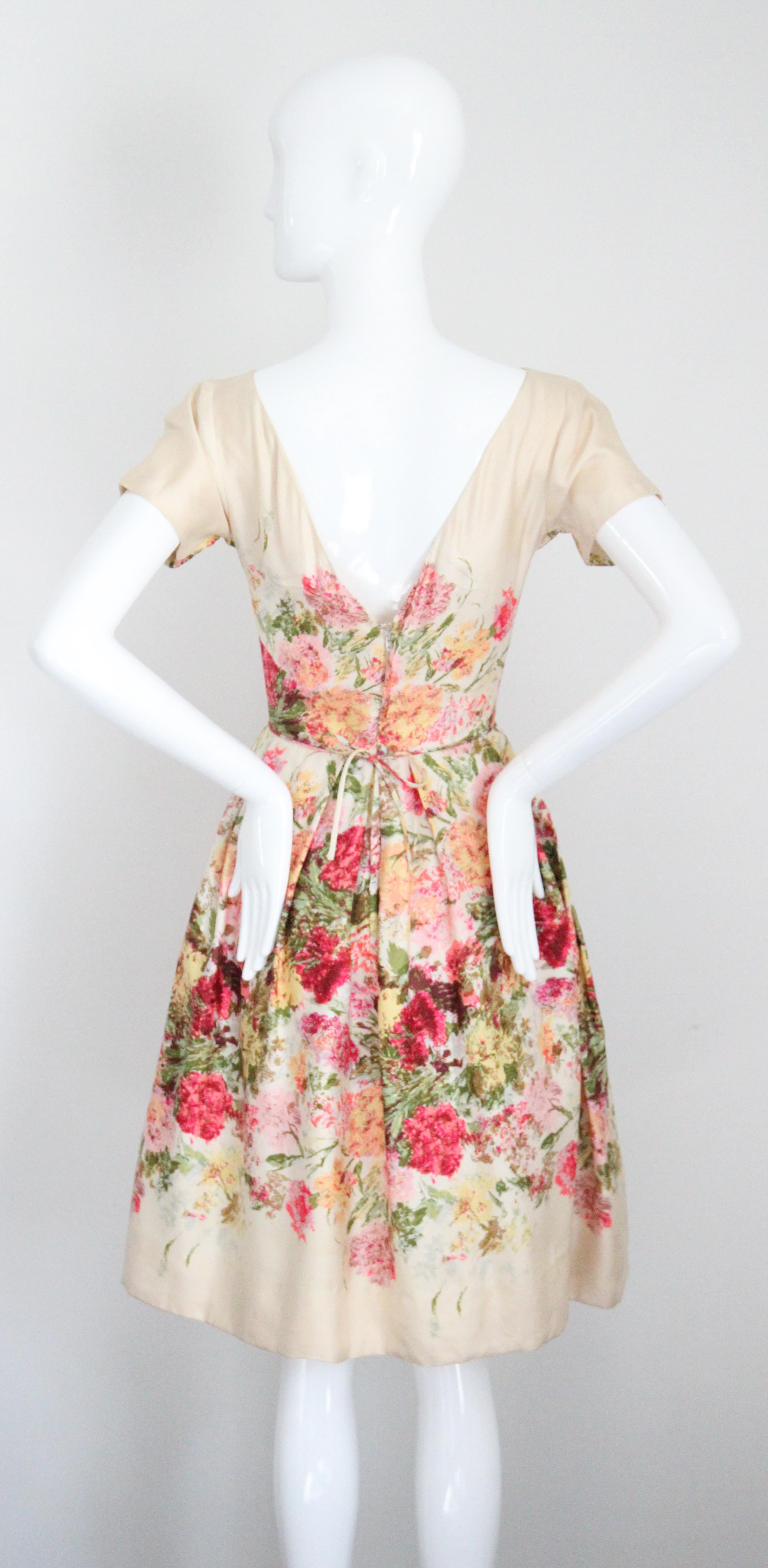 Vintage 1950's Floral bateau neckline silk twill dress autumnal Kappi UK 6 US 2 6