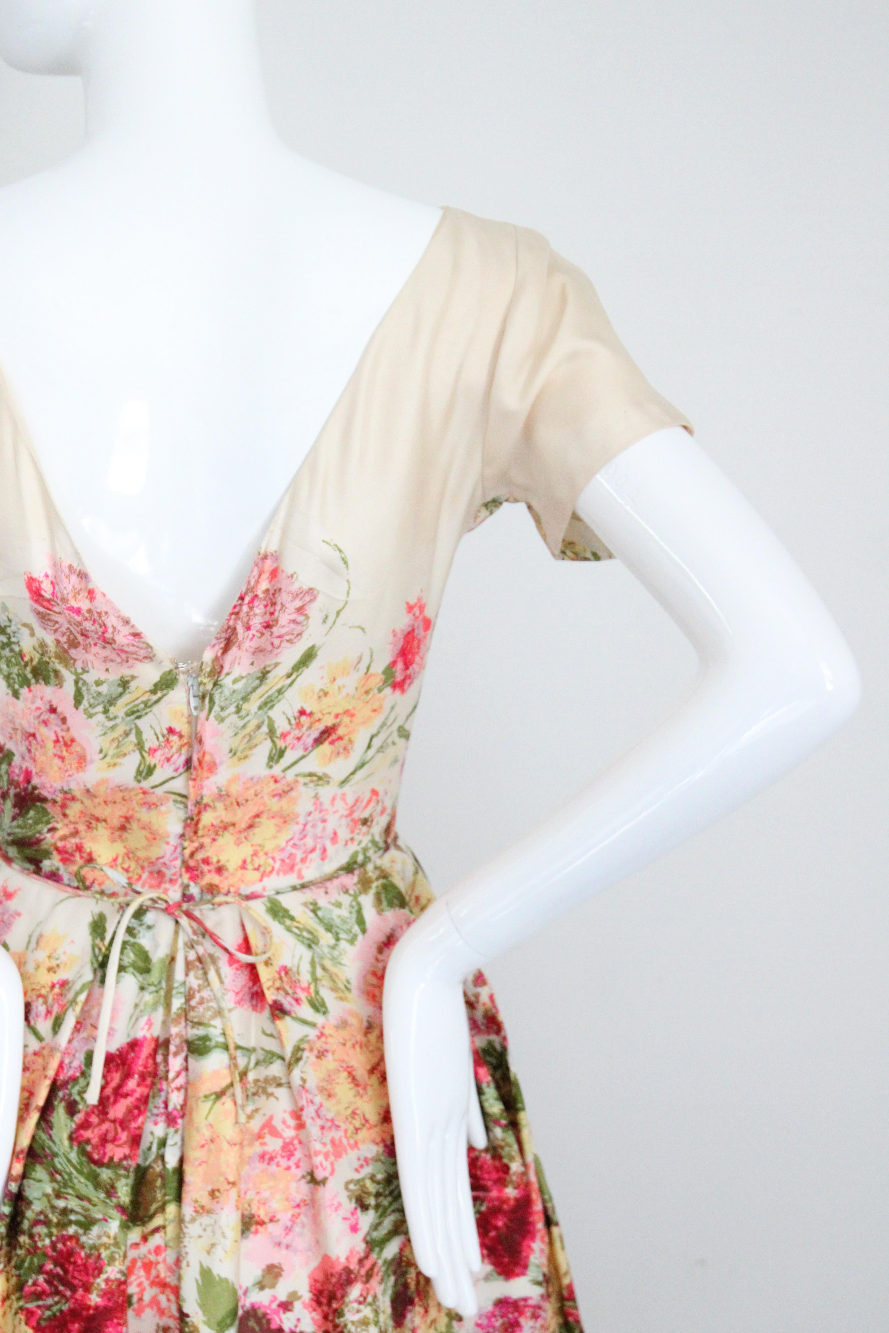 Vintage 1950's Floral bateau neckline silk twill dress autumnal Kappi UK 6 US 2 7