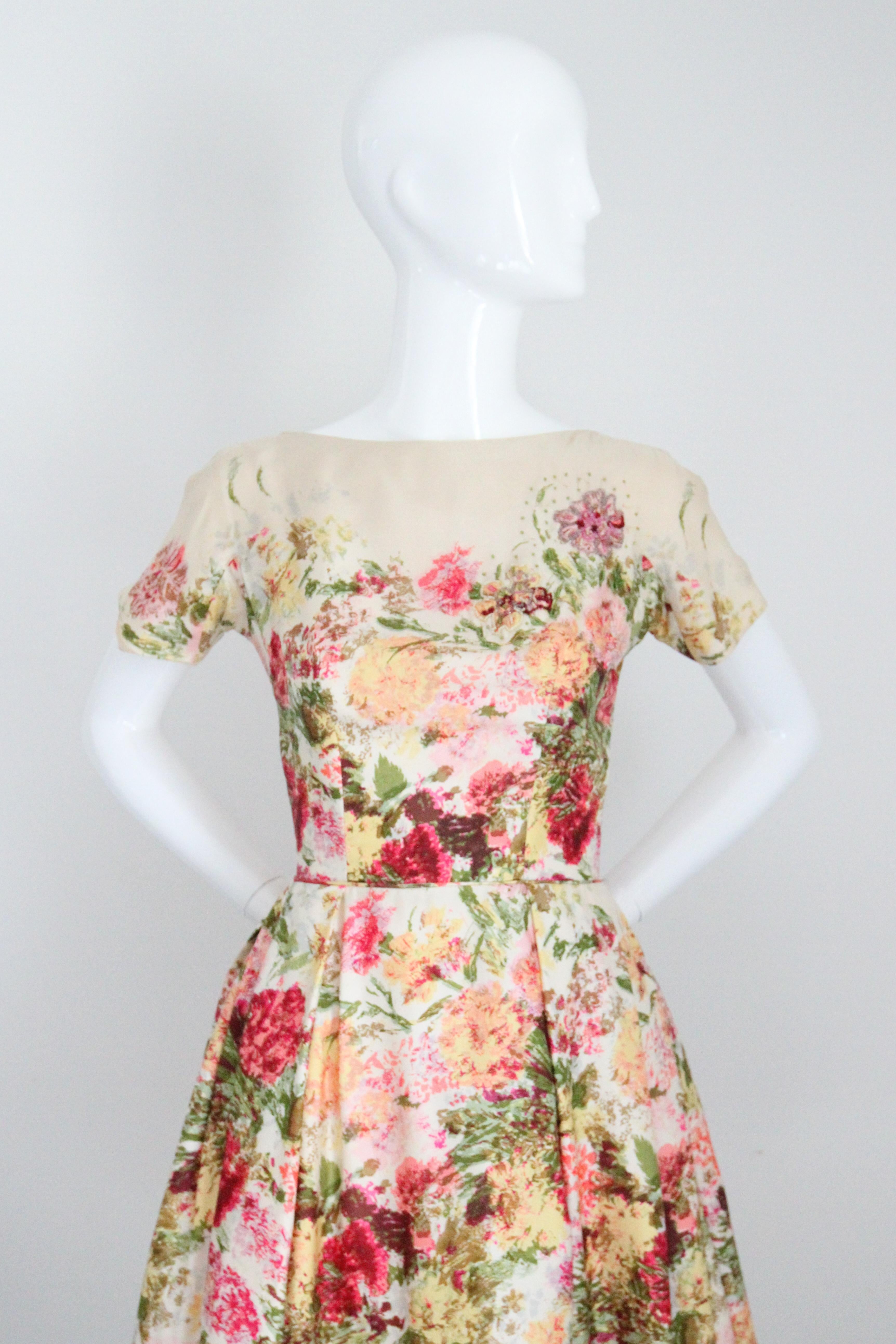 Beige Vintage 1950's Floral bateau neckline silk twill dress autumnal Kappi UK 6 US 2