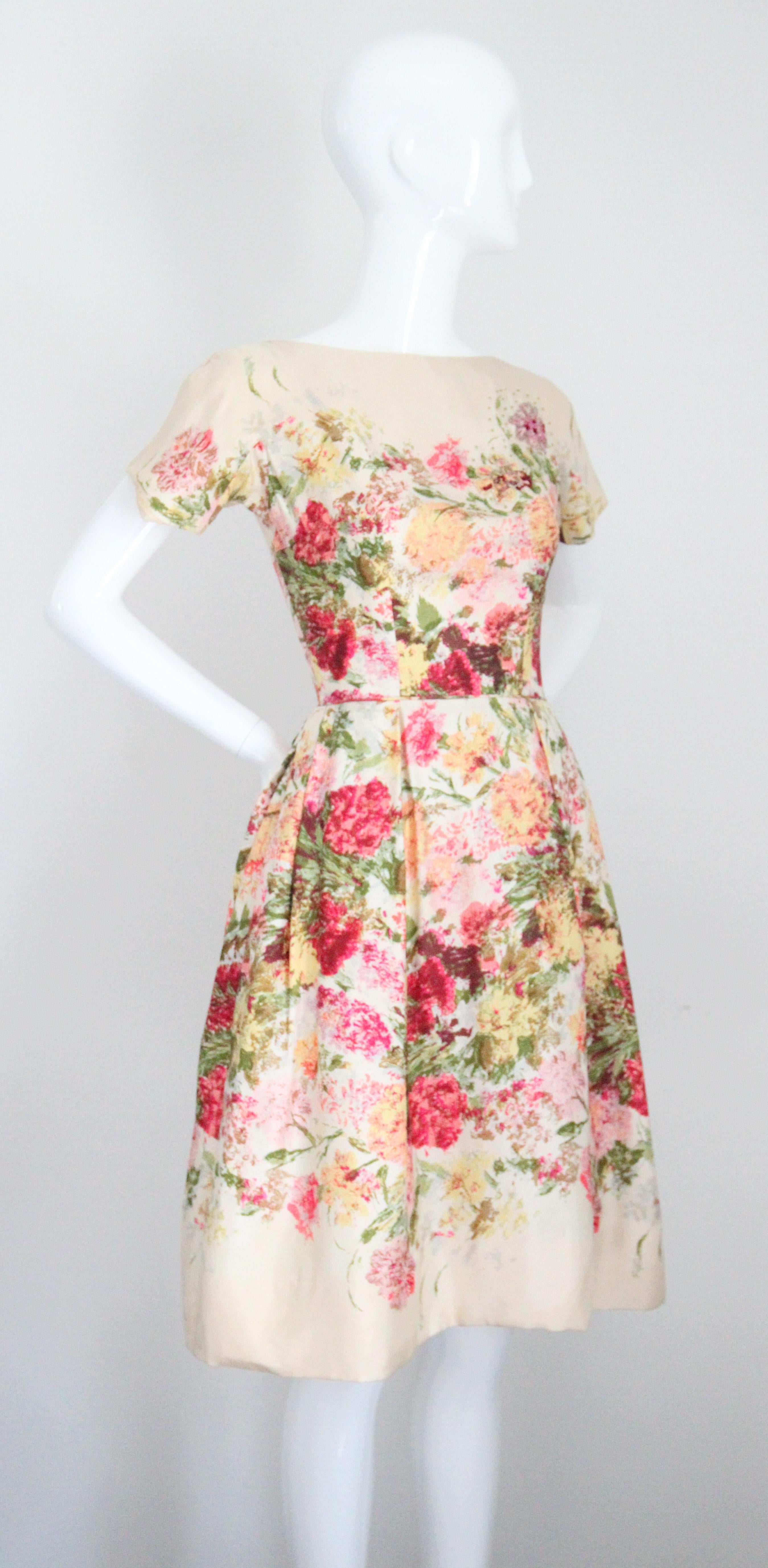 Women's Vintage 1950's Floral bateau neckline silk twill dress autumnal Kappi UK 6 US 2