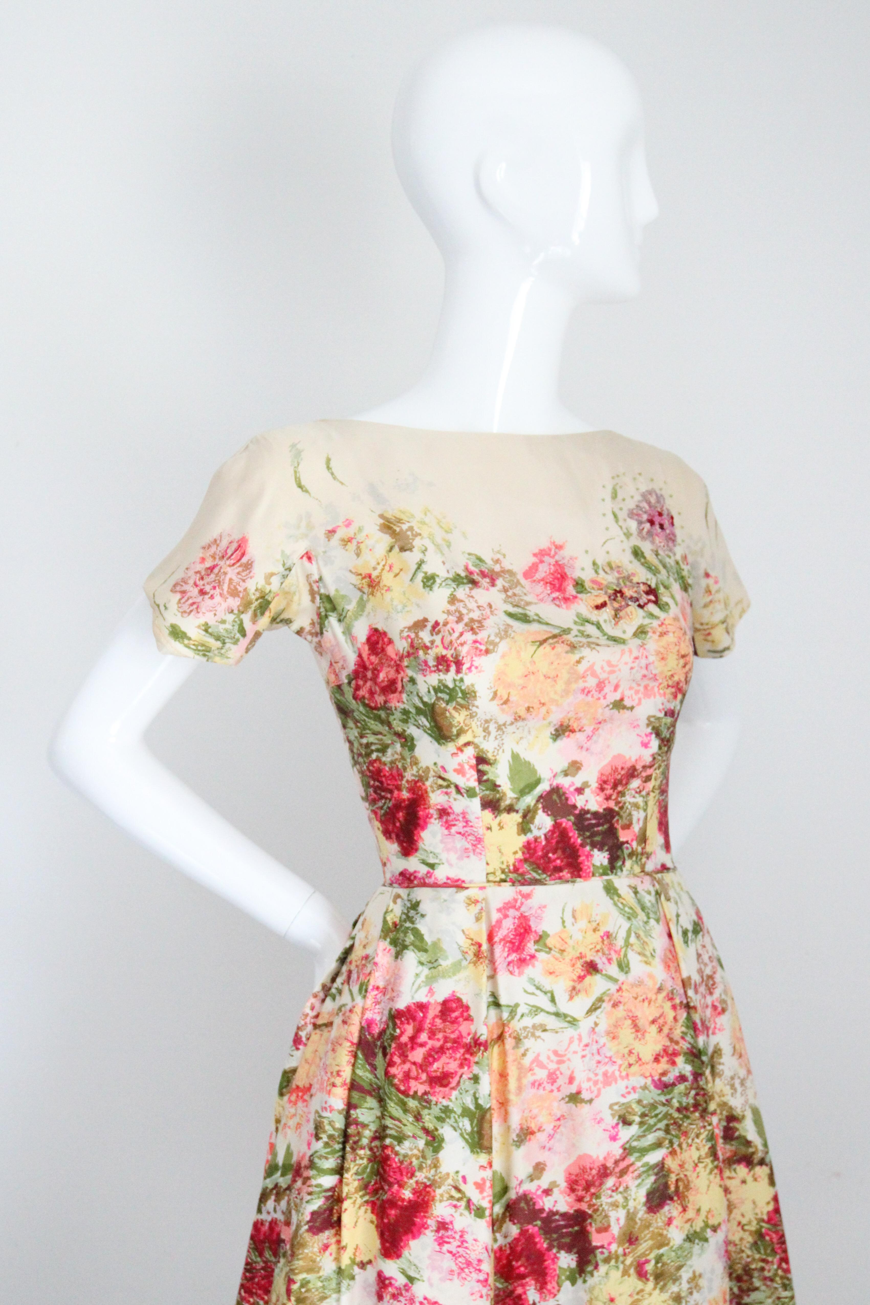 Vintage 1950's Floral bateau neckline silk twill dress autumnal Kappi UK 6 US 2 1