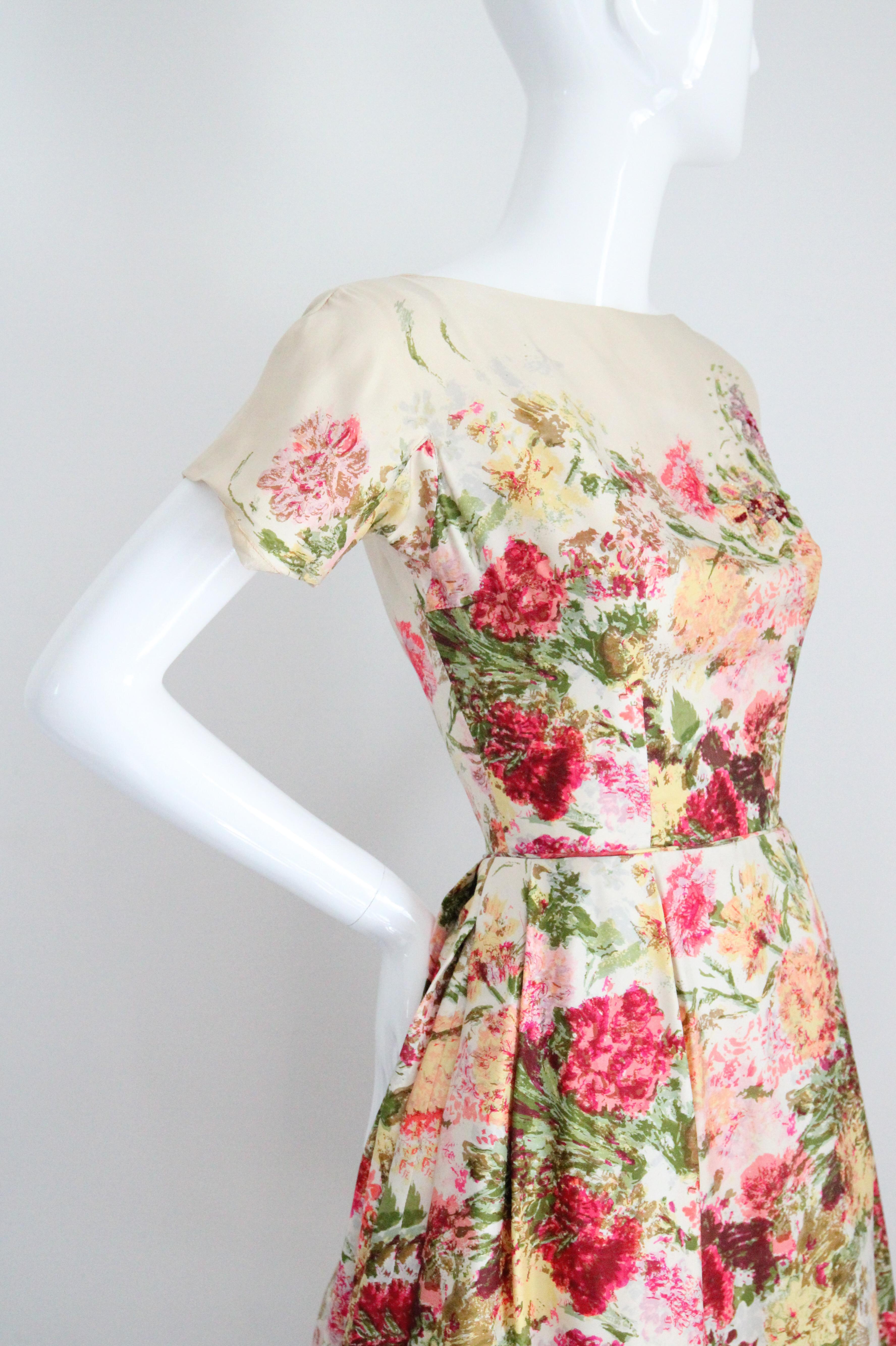 Vintage 1950's Floral bateau neckline silk twill dress autumnal Kappi UK 6 US 2 2