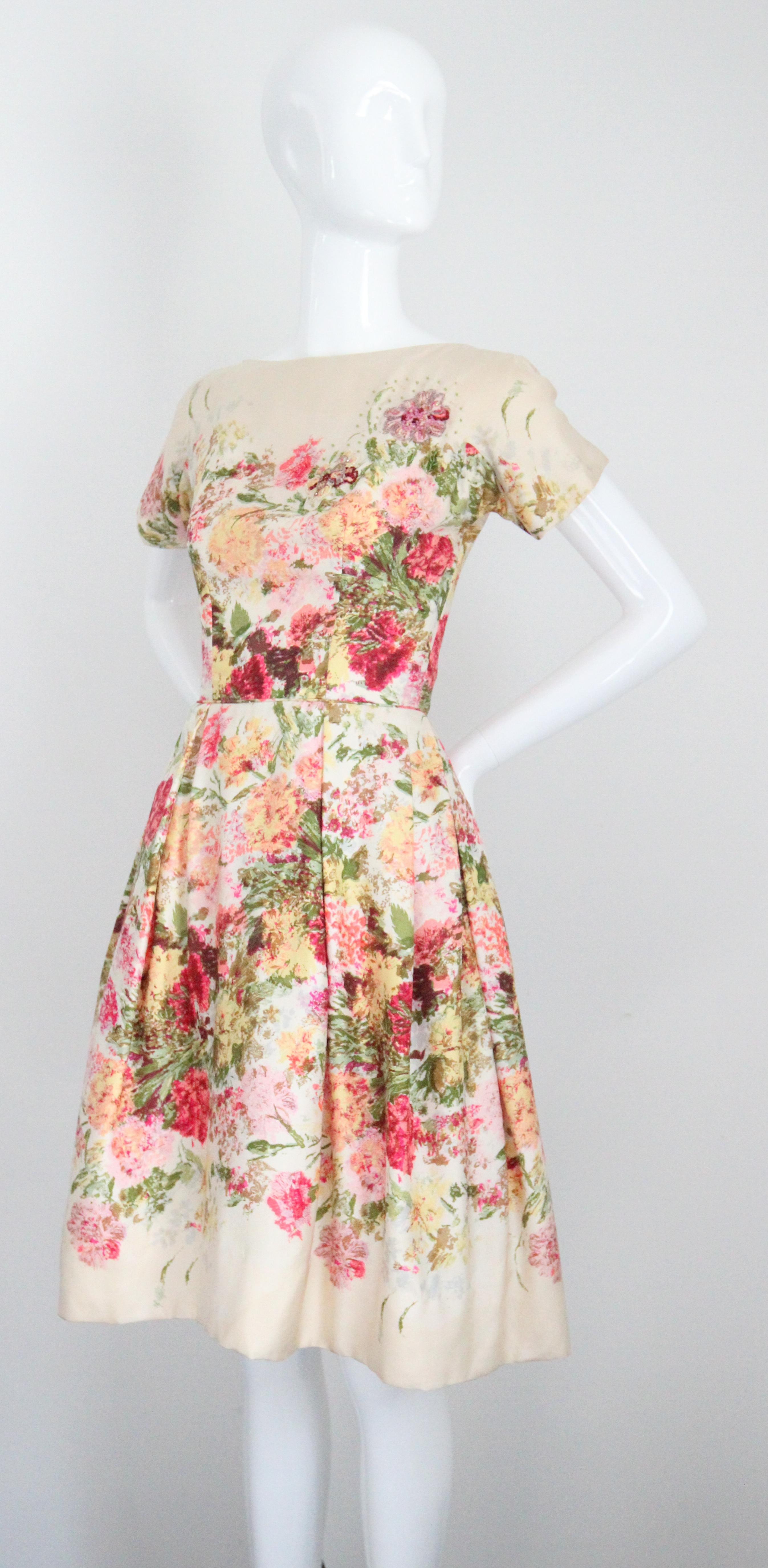 Vintage 1950's Floral bateau neckline silk twill dress autumnal Kappi UK 6 US 2 3