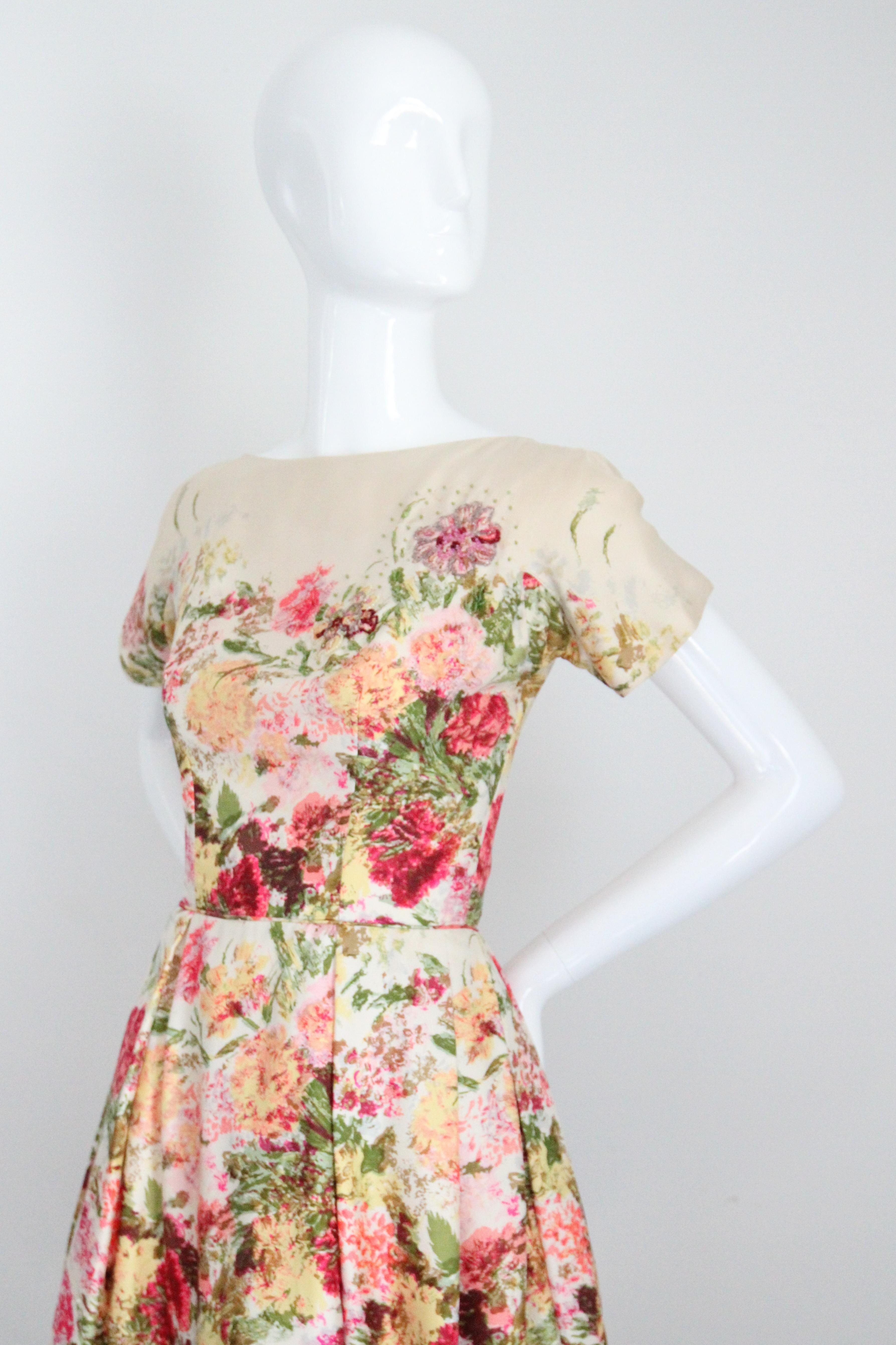 Vintage 1950's Floral bateau neckline silk twill dress autumnal Kappi UK 6 US 2 4