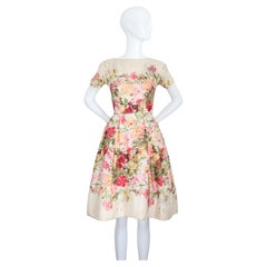 Vintage anni '50 Vestito floreale con scollo a bateau in twill di seta autunnale Kappi UK 6 US 2