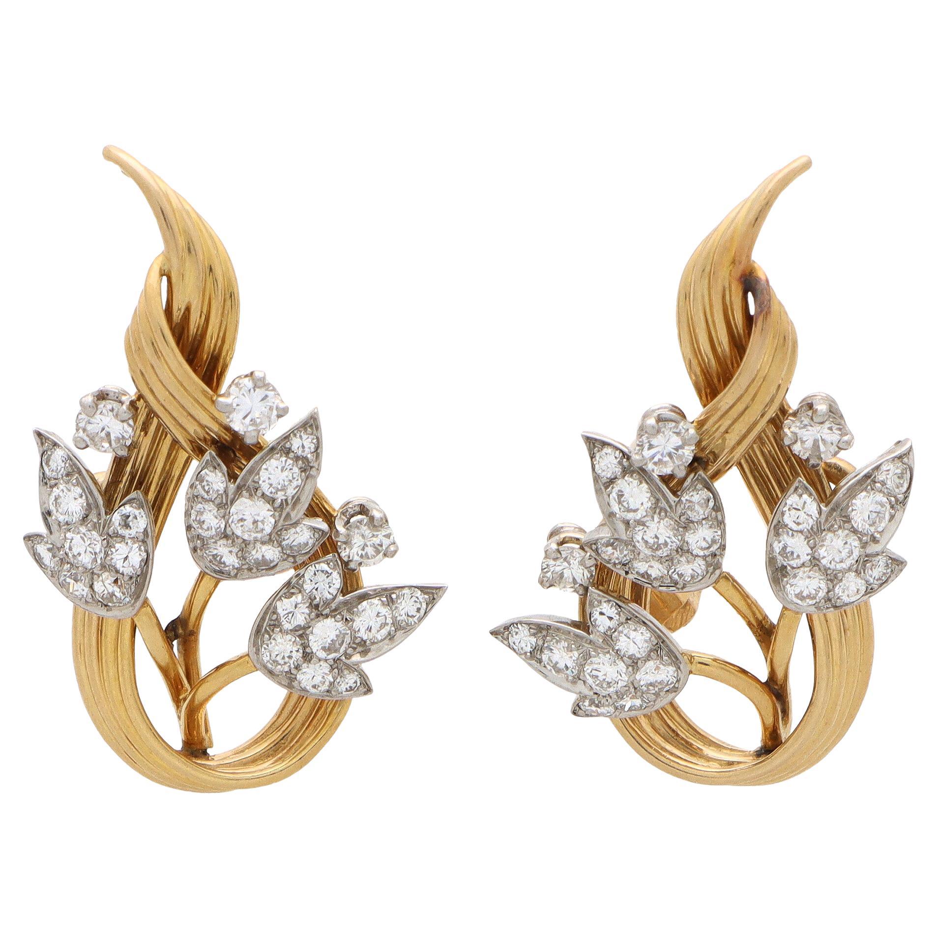 Vintage 1950’s Floral Diamond Spray Earrings Set in 18k Gold and Platinum