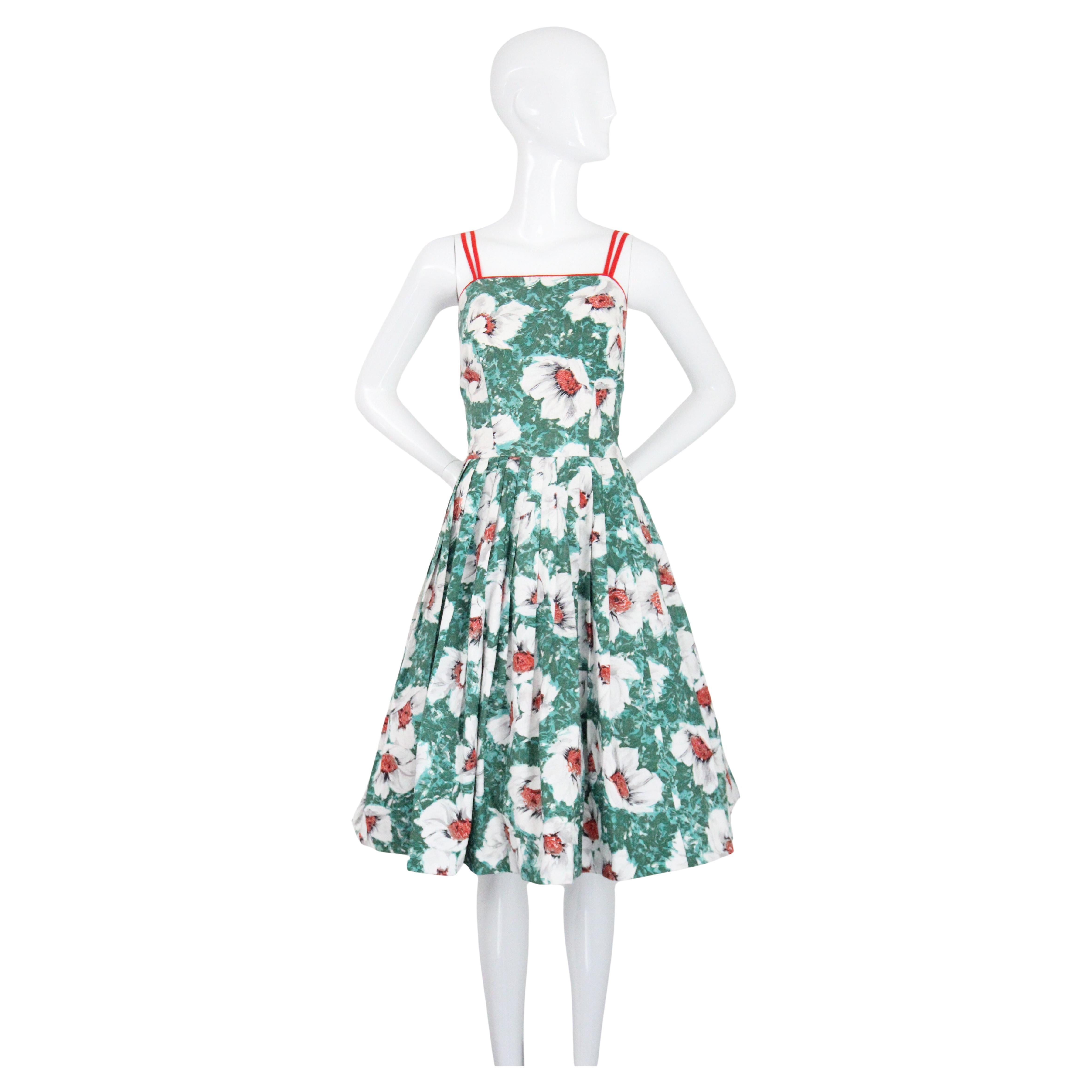 Vintage 1950's Floral Kleid 1950's Baumwolle Floral Grün Fit und Flare UK 6 US 2