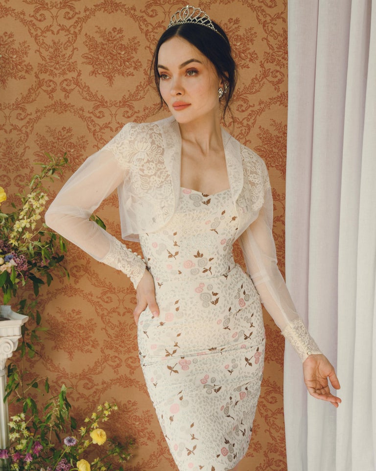Vintage 1950s Floral Lam Bustier Wiggle Dress at 1stDibs Vintage 1950s Floral Lam Bustier Wiggle Dress at 1stDibs