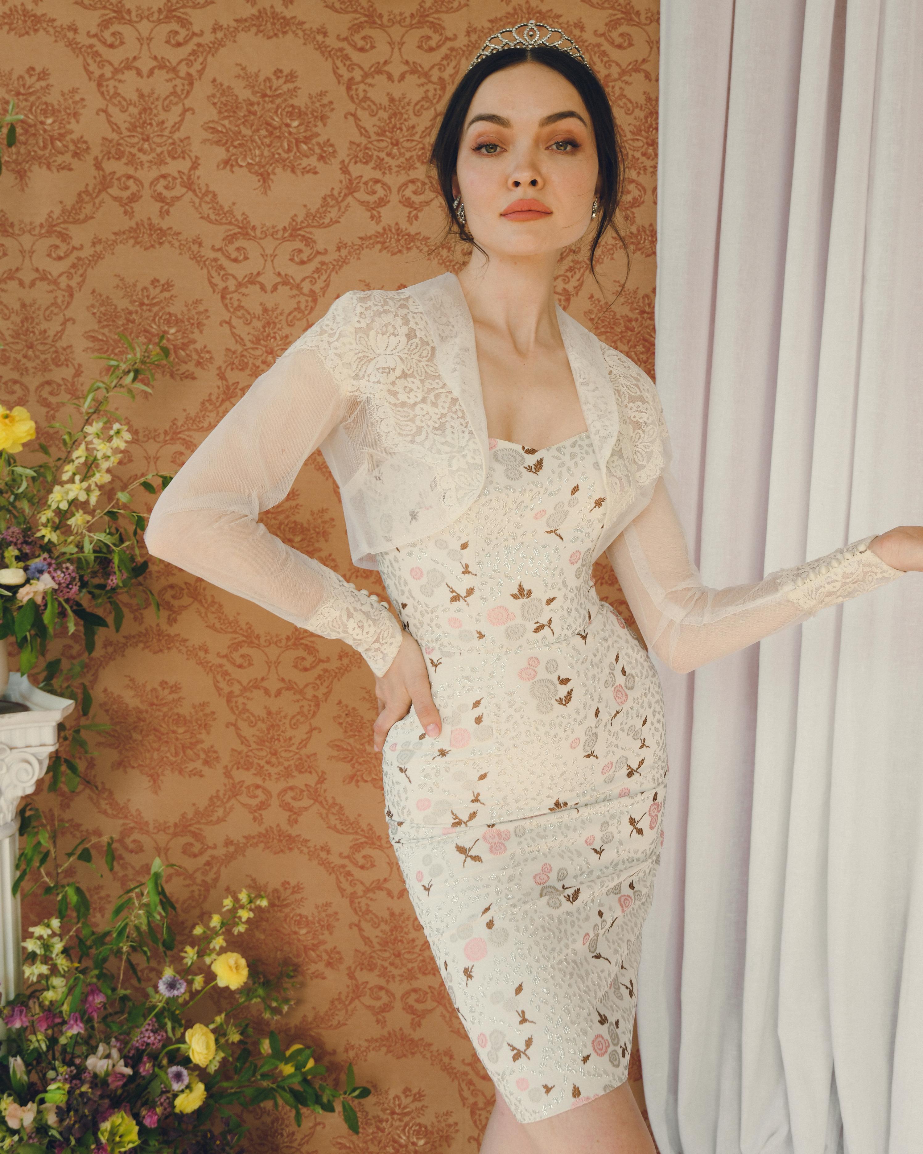 Vintage 1950s Floral Lamé Bustier Wiggle Dress en vente 4