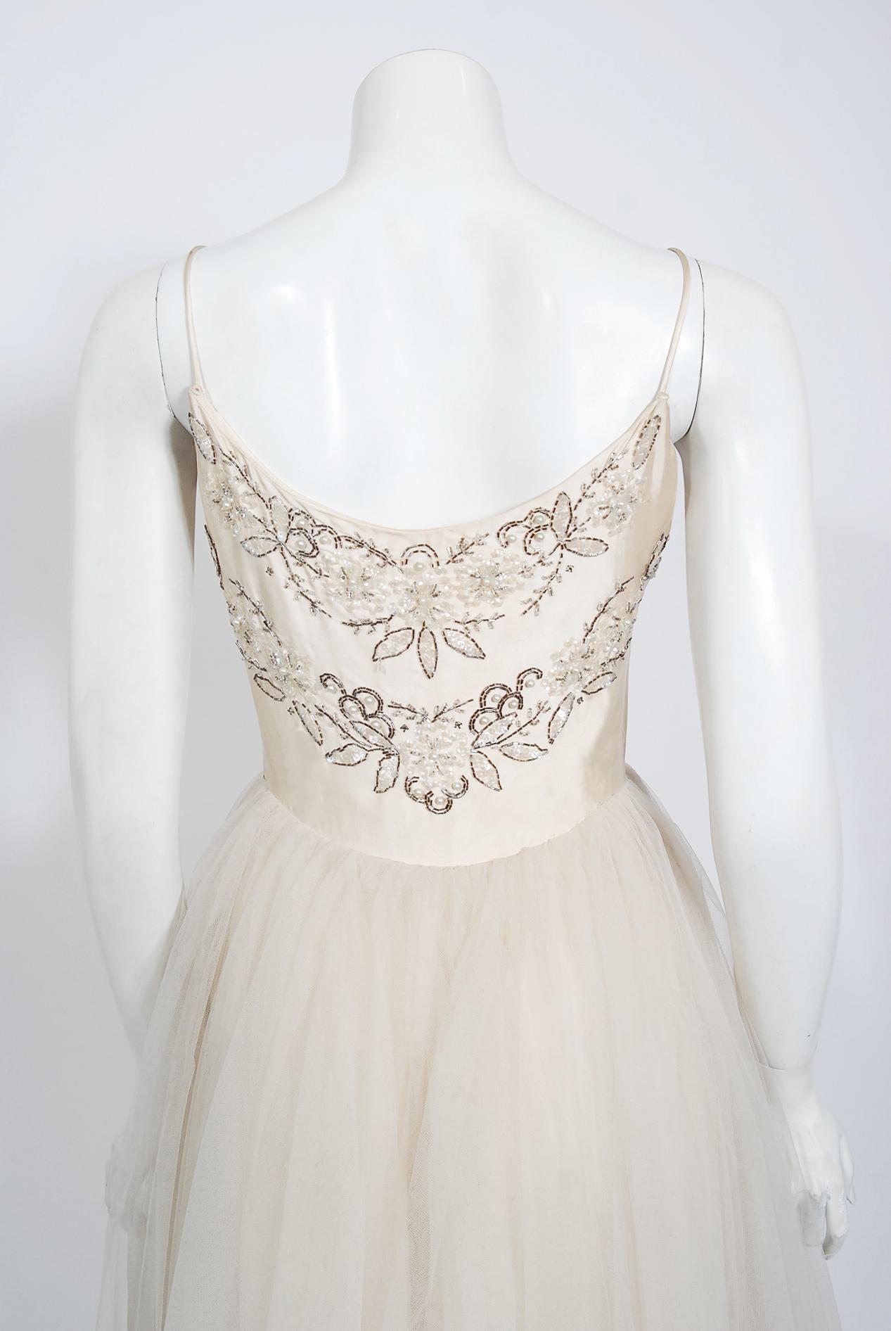 Vintage 1950's Frank Starr Beaded Sequin Ivory Satin Tulle-Skirted Bridal Dress 5