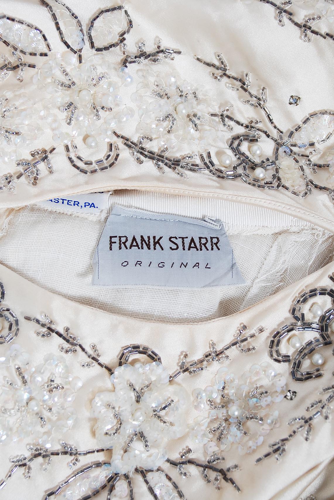 Vintage 1950's Frank Starr Beaded Sequin Ivory Satin Tulle-Skirted Bridal Dress 6