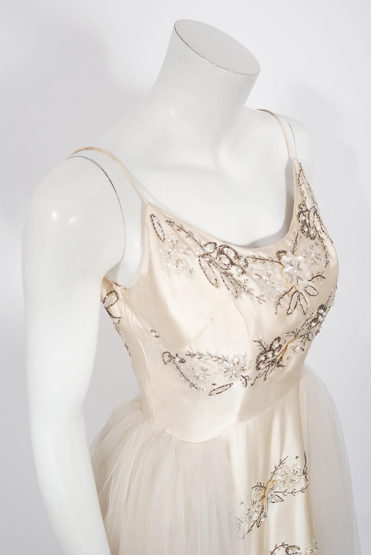 Gray Vintage 1950's Frank Starr Beaded Sequin Ivory Satin Tulle-Skirted Bridal Dress