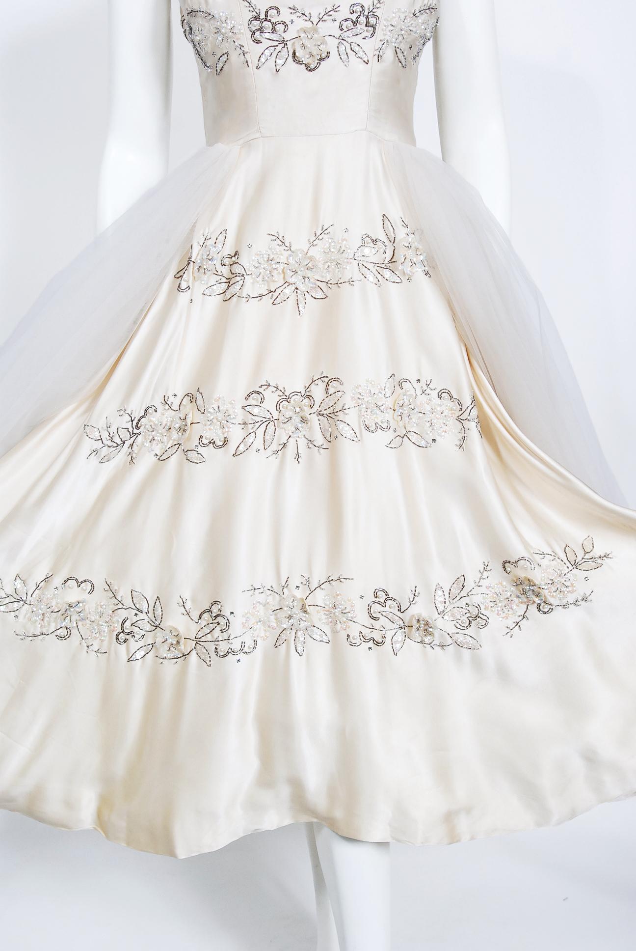 Women's Vintage 1950's Frank Starr Beaded Sequin Ivory Satin Tulle-Skirted Bridal Dress