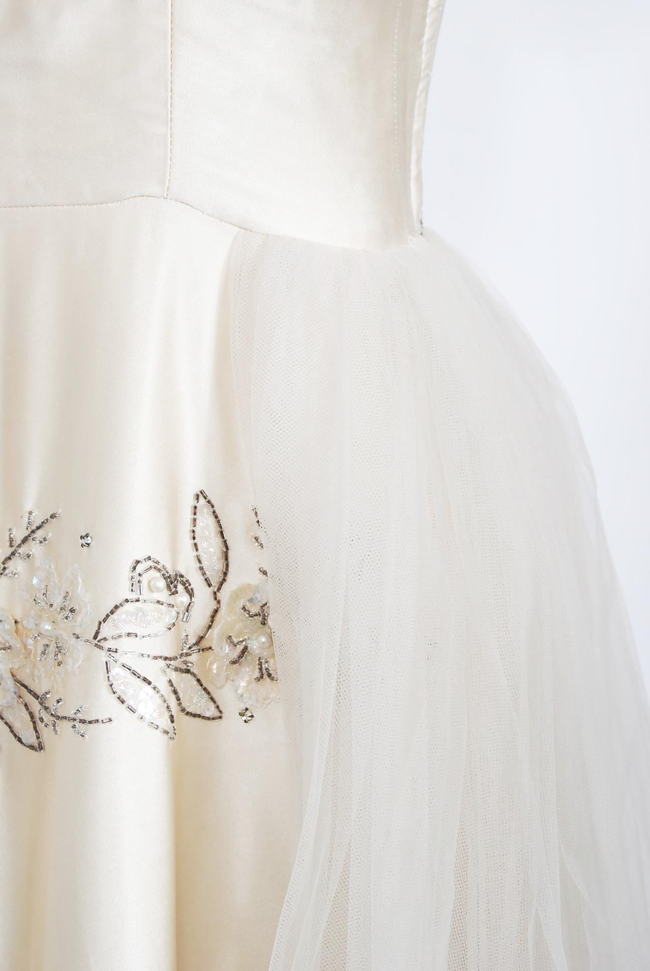 Vintage 1950's Frank Starr Beaded Sequin Ivory Satin Tulle-Skirted Bridal Dress 1