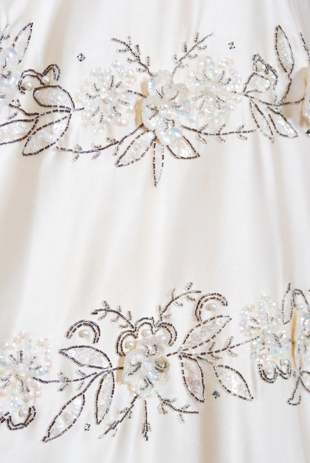 Vintage 1950's Frank Starr Beaded Sequin Ivory Satin Tulle-Skirted Bridal Dress 2