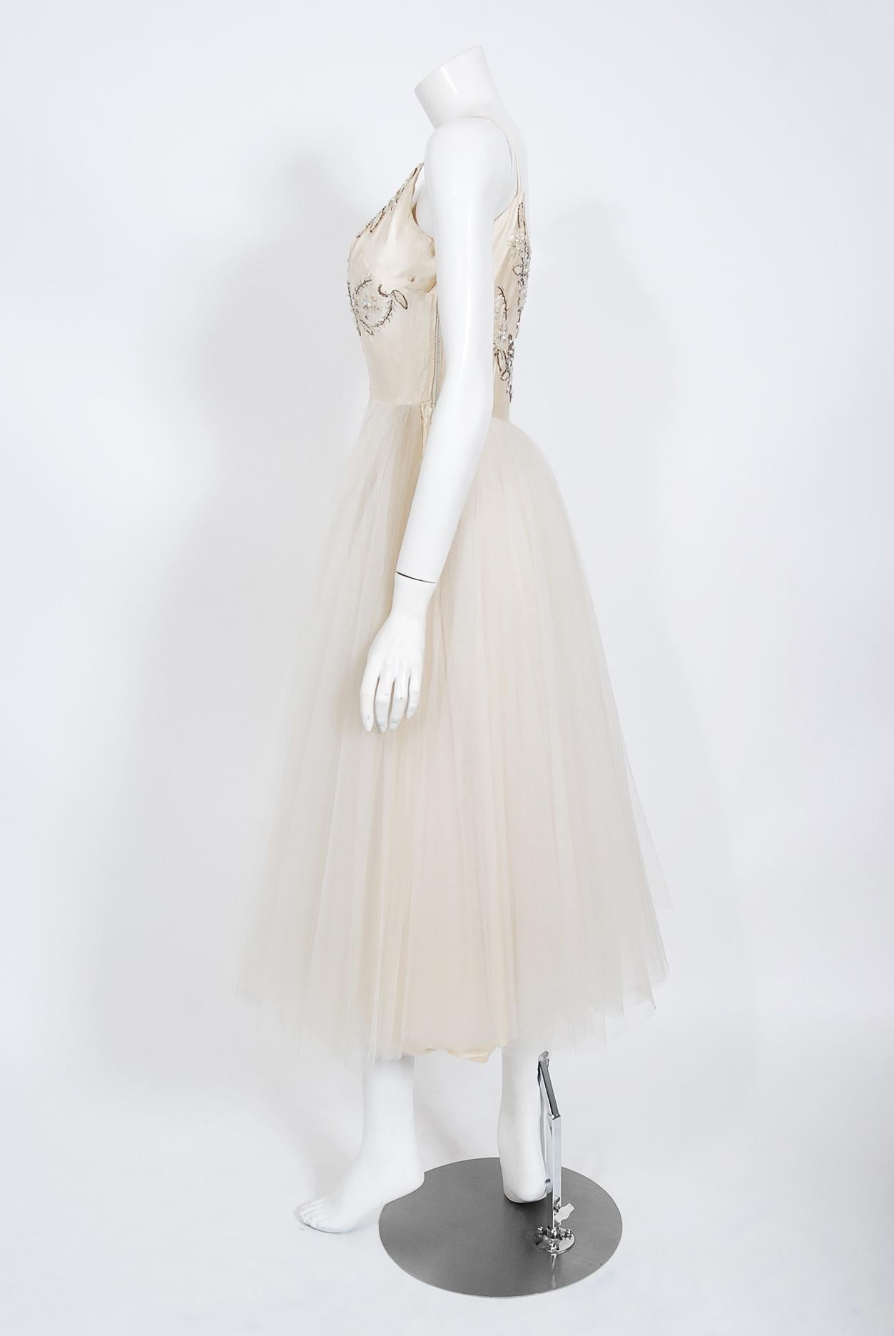Vintage 1950's Frank Starr Beaded Sequin Ivory Satin Tulle-Skirted Bridal Dress 3