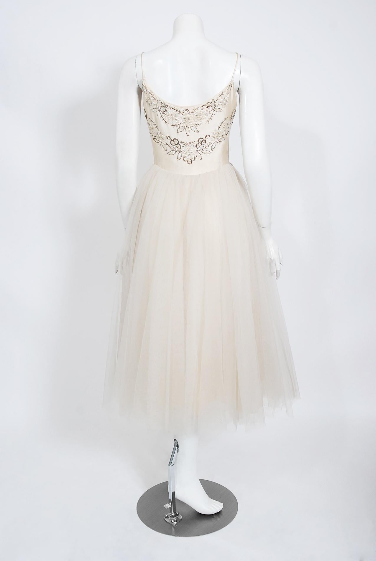Vintage 1950's Frank Starr Beaded Sequin Ivory Satin Tulle-Skirted Bridal Dress 4