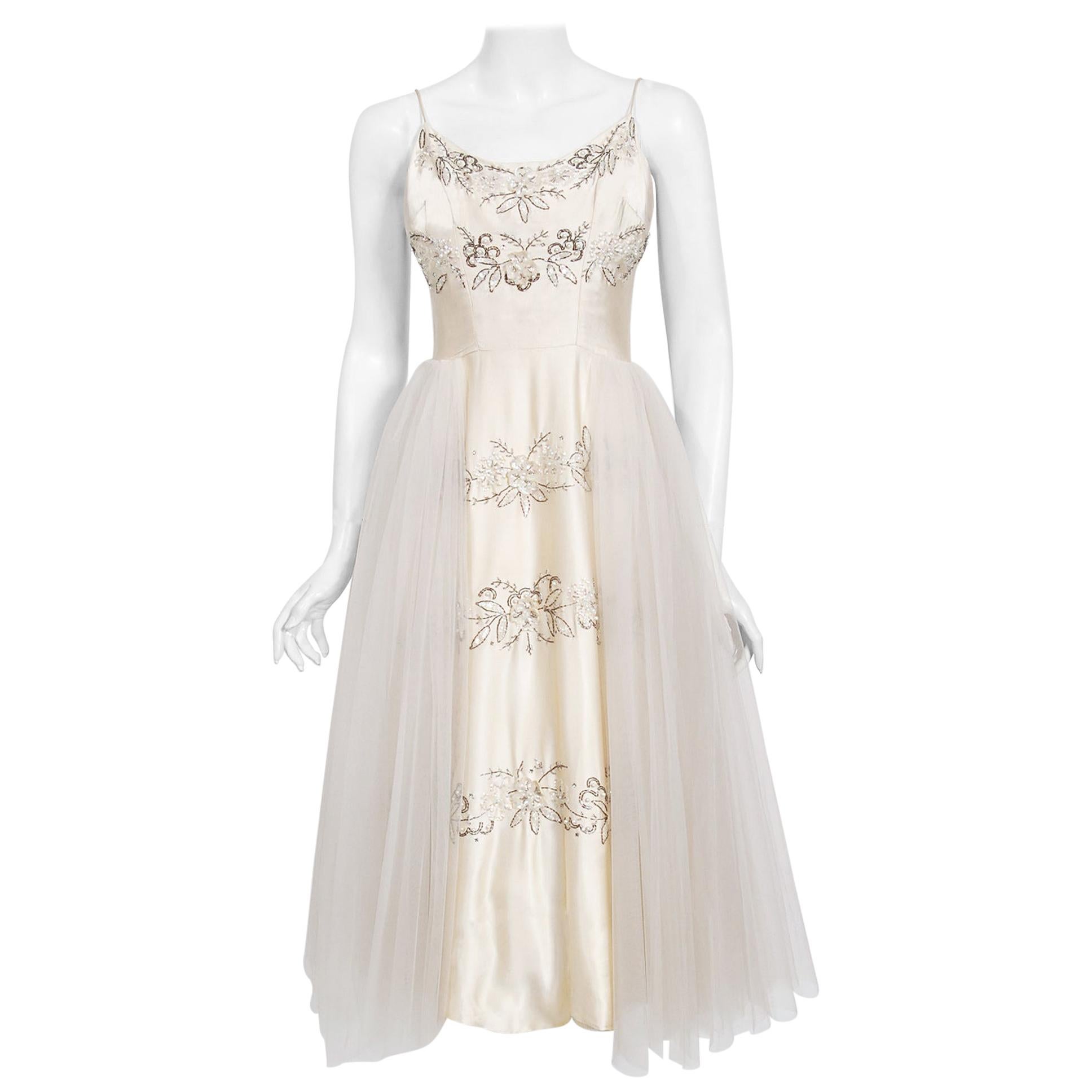 Vintage 1950's Frank Starr Beaded Sequin Ivory Satin Tulle-Skirted Bridal Dress