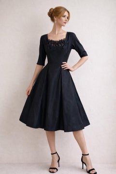 Vintage 1950s Frank Starr Black Silk Cocktail Dress Lace Bodice Full Skirt